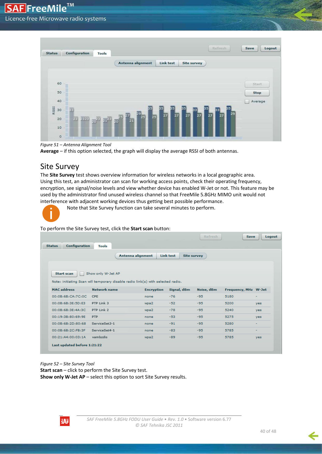  SAFFreeMile5.8GHzFODUUserGuide•Rev.1.0•Softwareversion6.77©SAFTehnikaJSC2011  40of48Figure51–AntennaAlignmentToolAverage–ifthisoptionselected,thegraphwilldisplaytheaverageRSSIofbothantennas.SiteSurveyTheSiteSurveytestshowsoverviewinformationforwirelessnetworksinalocalgeographicarea.Usingthistest,anadministratorcanscanforworkingaccesspoints,checktheiroperatingfrequency,encryption,seesignal/noiselevelsandviewwhetherdevicehasenabledW‐Jetornot.ThisfeaturemaybeusedbytheadministratorfindunusedwirelesschannelsothatFreeMile5.8GHzMIMOunitwouldnotinterferencewithadjacentworkingdevicesthusgettingbestpossibleperformance.NotethatSiteSurveyfunctioncantakeseveralminutestoperform.ToperformtheSiteSurveytest,clicktheStartscanbutton:Figure52–SiteSurveyToolStartscan–clicktoperformtheSiteSurveytest.ShowonlyW‐JetAP–selectthisoptiontosortSiteSurveyresults.