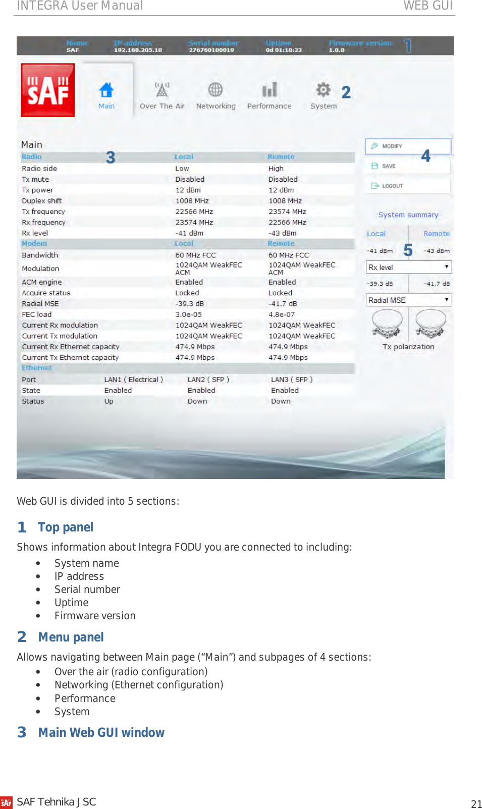 INTEGRA User Manual                                                                                   WEB GUI           21   Web GUI is divided into 5 sections: 1  Top panel Shows information about Integra FODU you are connected to including: • System name • IP address • Serial number • Uptime • Firmware version 2  Menu panel Allows navigating between Main page (“Main”) and subpages of 4 sections: • Over the air (radio configuration) • Networking (Ethernet configuration) • Performance • System 3 Main Web GUI window   SAF Tehnika JSC                                                                                                                                                 