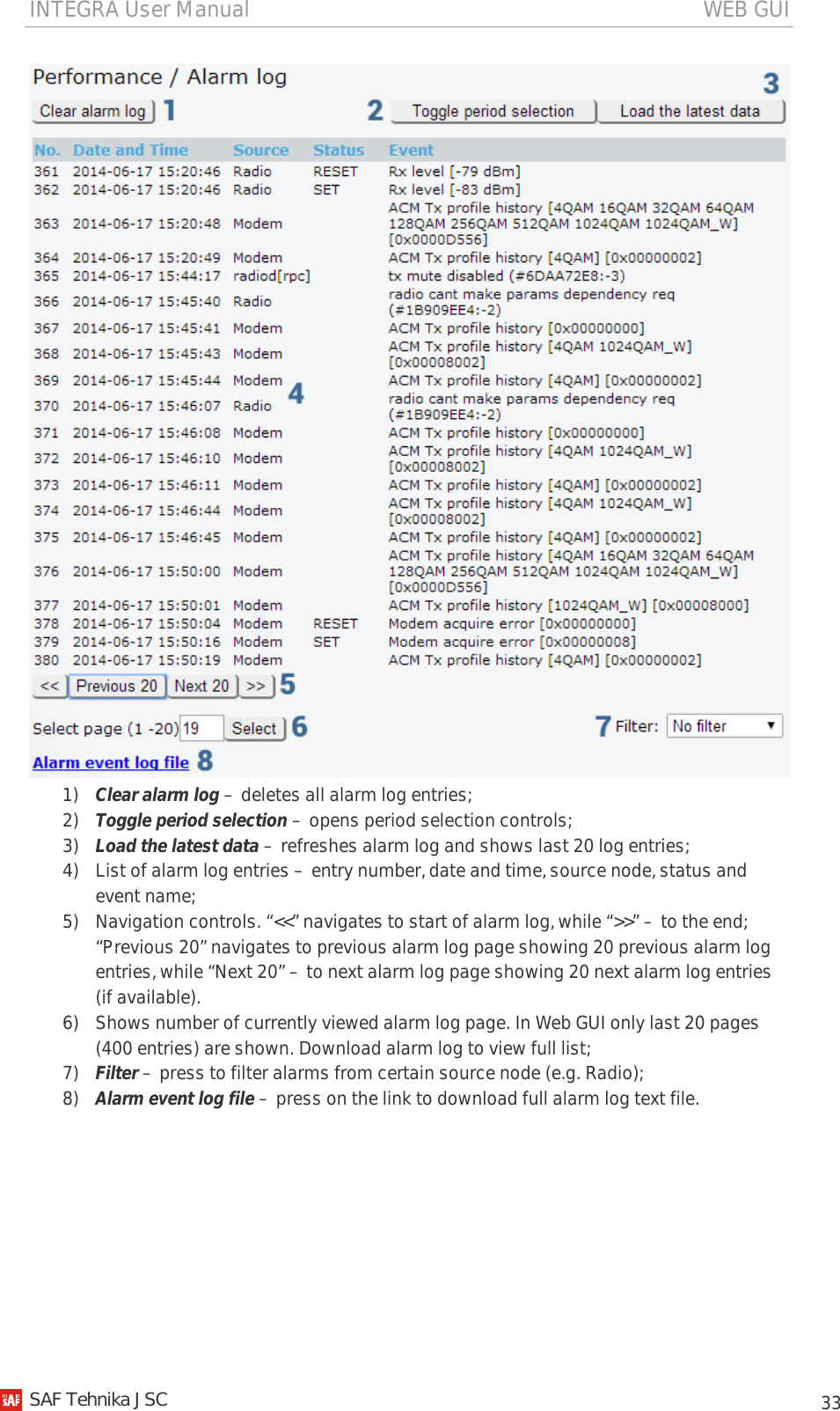 INTEGRA User Manual                                                                                   WEB GUI           33  1) Clear alarm log – deletes all alarm log entries; 2) Toggle period selection – opens period selection controls; 3) Load the latest data – refreshes alarm log and shows last 20 log entries; 4) List of alarm log entries – entry number, date and time, source node, status and event name; 5) Navigation controls. “&lt;&lt;” navigates to start of alarm log, while “&gt;&gt;” – to the end; “Previous 20” navigates to previous alarm log page showing 20 previous alarm log entries, while “Next 20” – to next alarm log page showing 20 next alarm log entries (if available). 6) Shows number of currently viewed alarm log page. In Web GUI only last 20 pages (400 entries) are shown. Download alarm log to view full list; 7) Filter – press to filter alarms from certain source node (e.g. Radio); 8) Alarm event log file – press on the link to download full alarm log text file.          SAF Tehnika JSC                                                                                                                                                 