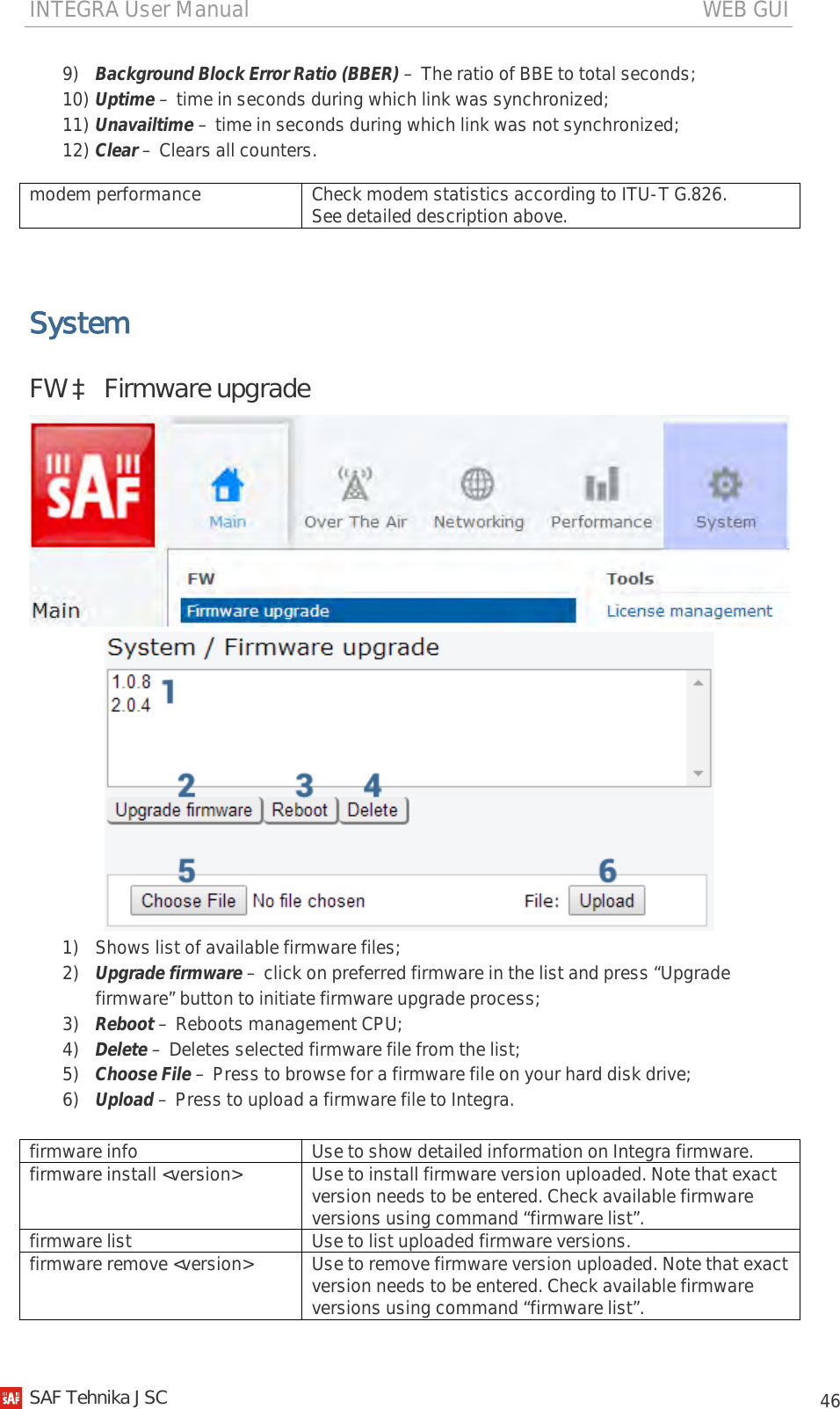 INTEGRA User Manual                                                                                   WEB GUI           46 9) Background Block Error Ratio (BBER) – The ratio of BBE to total seconds; 10) Uptime – time in seconds during which link was synchronized; 11) Unavailtime – time in seconds during which link was not synchronized; 12) Clear – Clears all counters. modem performance  Check modem statistics according to ITU-T G.826. See detailed description above.   System FW à Firmware upgrade   1) Shows list of available firmware files; 2) Upgrade firmware – click on preferred firmware in the list and press “Upgrade firmware” button to initiate firmware upgrade process; 3) Reboot – Reboots management CPU; 4) Delete – Deletes selected firmware file from the list; 5) Choose File – Press to browse for a firmware file on your hard disk drive; 6) Upload – Press to upload a firmware file to Integra.  firmware info  Use to show detailed information on Integra firmware. firmware install &lt;version&gt; Use to install firmware version uploaded. Note that exact version needs to be entered. Check available firmware versions using command “firmware list”. firmware list Use to list uploaded firmware versions. firmware remove &lt;version&gt; Use to remove firmware version uploaded. Note that exact version needs to be entered. Check available firmware versions using command “firmware list”.   SAF Tehnika JSC                                                                                                                                                 