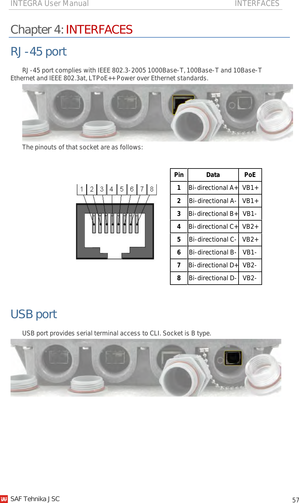 INTEGRA User Manual                                                                           INTERFACES           57 Chapter 4: INTERFACES RJ-45 port RJ-45 port complies with IEEE 802.3-2005 1000Base-T, 100Base-T and 10Base-T  Ethernet and IEEE 802.3at, LTPoE++ Power over Ethernet standards.  The pinouts of that socket are as follows:                    USB port USB port provides serial terminal access to CLI. Socket is B type.    Pin Data PoE 1 Bi-directional A+ VB1+ 2  Bi-directional A- VB1+ 3 Bi-directional B+ VB1- 4 Bi-directional C+ VB2+ 5  Bi-directional C- VB2+ 6  Bi-directional B- VB1- 7 Bi-directional D+ VB2- 8  Bi-directional D- VB2-   SAF Tehnika JSC                                                                                                                                                 