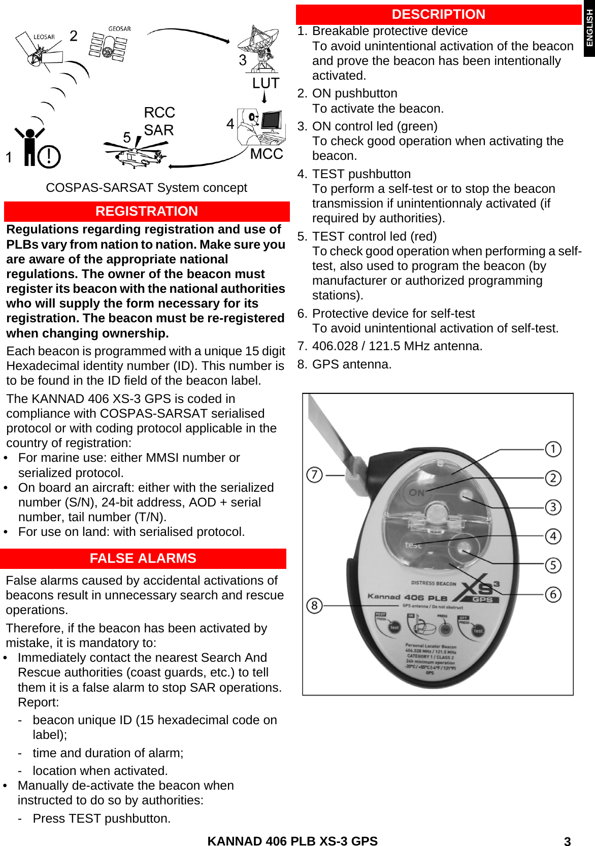 ENGLISH DEUTSCHNEDERLANDS KANNAD 406 PLB XS-3 GPS  3COSPAS-SARSAT System conceptREGISTRATIONRegulations regarding registration and use of PLBs vary from nation to nation. Make sure you are aware of the appropriate national regulations. The owner of the beacon must register its beacon with the national authorities who will supply the form necessary for its registration. The beacon must be re-registered when changing ownership.Each beacon is programmed with a unique 15 digit Hexadecimal identity number (ID). This number is to be found in the ID field of the beacon label.The KANNAD 406 XS-3 GPS is coded in compliance with COSPAS-SARSAT serialised protocol or with coding protocol applicable in the country of registration:• For marine use: either MMSI number or serialized protocol.• On board an aircraft: either with the serialized number (S/N), 24-bit address, AOD + serial number, tail number (T/N).• For use on land: with serialised protocol.FALSE ALARMSFalse alarms caused by accidental activations of beacons result in unnecessary search and rescue operations.Therefore, if the beacon has been activated by mistake, it is mandatory to:• Immediately contact the nearest Search And Rescue authorities (coast guards, etc.) to tell them it is a false alarm to stop SAR operations. Report:- beacon unique ID (15 hexadecimal code on label);- time and duration of alarm;- location when activated.• Manually de-activate the beacon when instructed to do so by authorities:- Press TEST pushbutton.-DESCRIPTION1. Breakable protective deviceTo avoid unintentional activation of the beacon and prove the beacon has been intentionally activated.2. ON pushbuttonTo activate the beacon.3. ON control led (green)To check good operation when activating the beacon.4. TEST pushbuttonTo perform a self-test or to stop the beacon transmission if unintentionnaly activated (if required by authorities).5. TEST control led (red)To check good operation when performing a self-test, also used to program the beacon (by manufacturer or authorized programming stations).6. Protective device for self-testTo avoid unintentional activation of self-test.7. 406.028 / 121.5 MHz antenna.8. GPS antenna.
