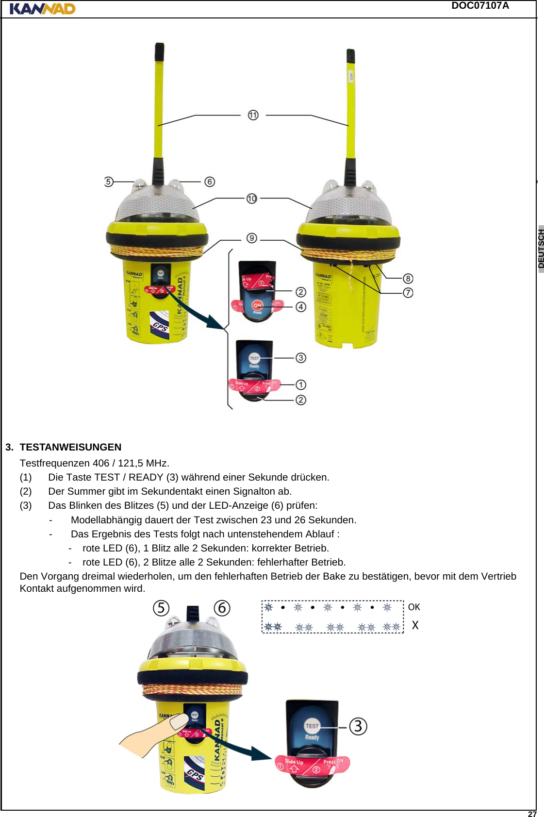 DOC07107A 27ENGLISH ESPAÑOL DEUTSCH  FRANÇAIS ITALIANO NEDERLANDS LANG7 LANG8 LANG9 LANG10 LANG11 LANG12 3. TESTANWEISUNGENTestfrequenzen 406 / 121,5 MHz.(1) Die Taste TEST / READY (3) während einer Sekunde drücken.(2) Der Summer gibt im Sekundentakt einen Signalton ab.(3) Das Blinken des Blitzes (5) und der LED-Anzeige (6) prüfen:- Modellabhängig dauert der Test zwischen 23 und 26 Sekunden.- Das Ergebnis des Tests folgt nach untenstehendem Ablauf :- rote LED (6), 1 Blitz alle 2 Sekunden: korrekter Betrieb.- rote LED (6), 2 Blitze alle 2 Sekunden: fehlerhafter Betrieb.Den Vorgang dreimal wiederholen, um den fehlerhaften Betrieb der Bake zu bestätigen, bevor mit dem Vertrieb Kontakt aufgenommen wird.