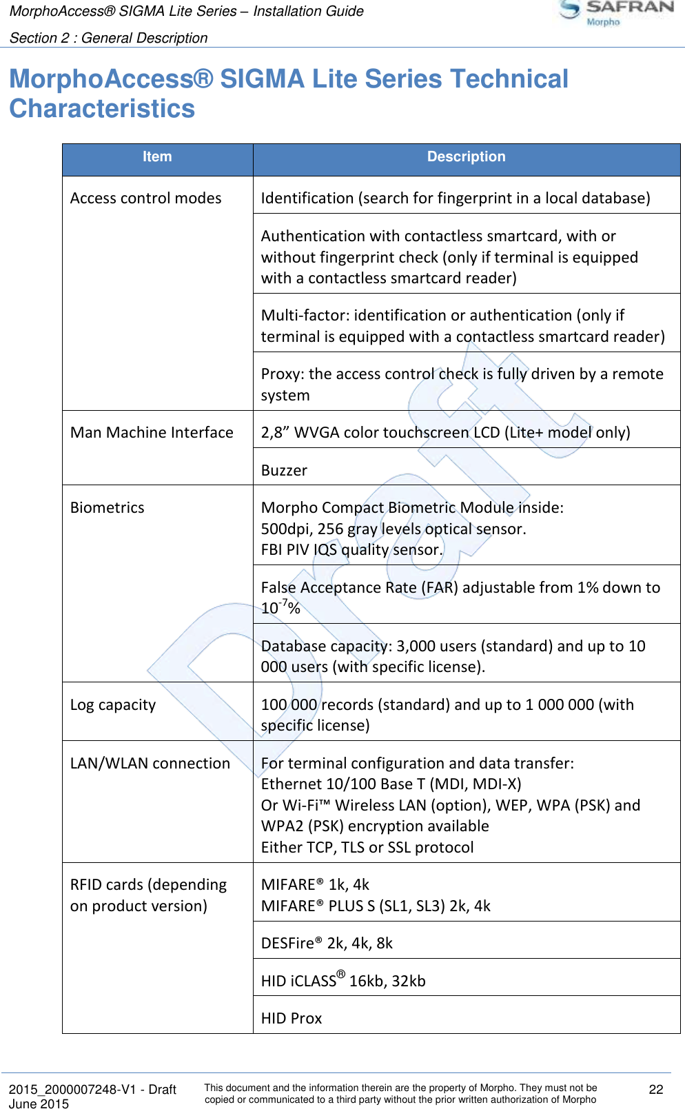 MorphoAccess® SIGMA Lite Series – Installation Guide  Section 2 : General Description   2015_2000007248-V1 - Draft This document and the information therein are the property of Morpho. They must not be copied or communicated to a third party without the prior written authorization of Morpho 22 June 2015   MorphoAccess® SIGMA Lite Series Technical Characteristics Item Description Access control modes Identification (search for fingerprint in a local database) Authentication with contactless smartcard, with or without fingerprint check (only if terminal is equipped with a contactless smartcard reader) Multi-factor: identification or authentication (only if terminal is equipped with a contactless smartcard reader) Proxy: the access control check is fully driven by a remote system Man Machine Interface 2,8” WVGA color touchscreen LCD (Lite+ model only) Buzzer Biometrics Morpho Compact Biometric Module inside:  500dpi, 256 gray levels optical sensor. FBI PIV IQS quality sensor. False Acceptance Rate (FAR) adjustable from 1% down to 10-7% Database capacity: 3,000 users (standard) and up to 10 000 users (with specific license). Log capacity 100 000 records (standard) and up to 1 000 000 (with specific license) LAN/WLAN connection For terminal configuration and data transfer: Ethernet 10/100 Base T (MDI, MDI-X) Or Wi-Fi™ Wireless LAN (option), WEP, WPA (PSK) and WPA2 (PSK) encryption available Either TCP, TLS or SSL protocol RFID cards (depending on product version) MIFARE® 1k, 4k MIFARE® PLUS S (SL1, SL3) 2k, 4k DESFire® 2k, 4k, 8k HID iCLASS® 16kb, 32kb HID Prox 