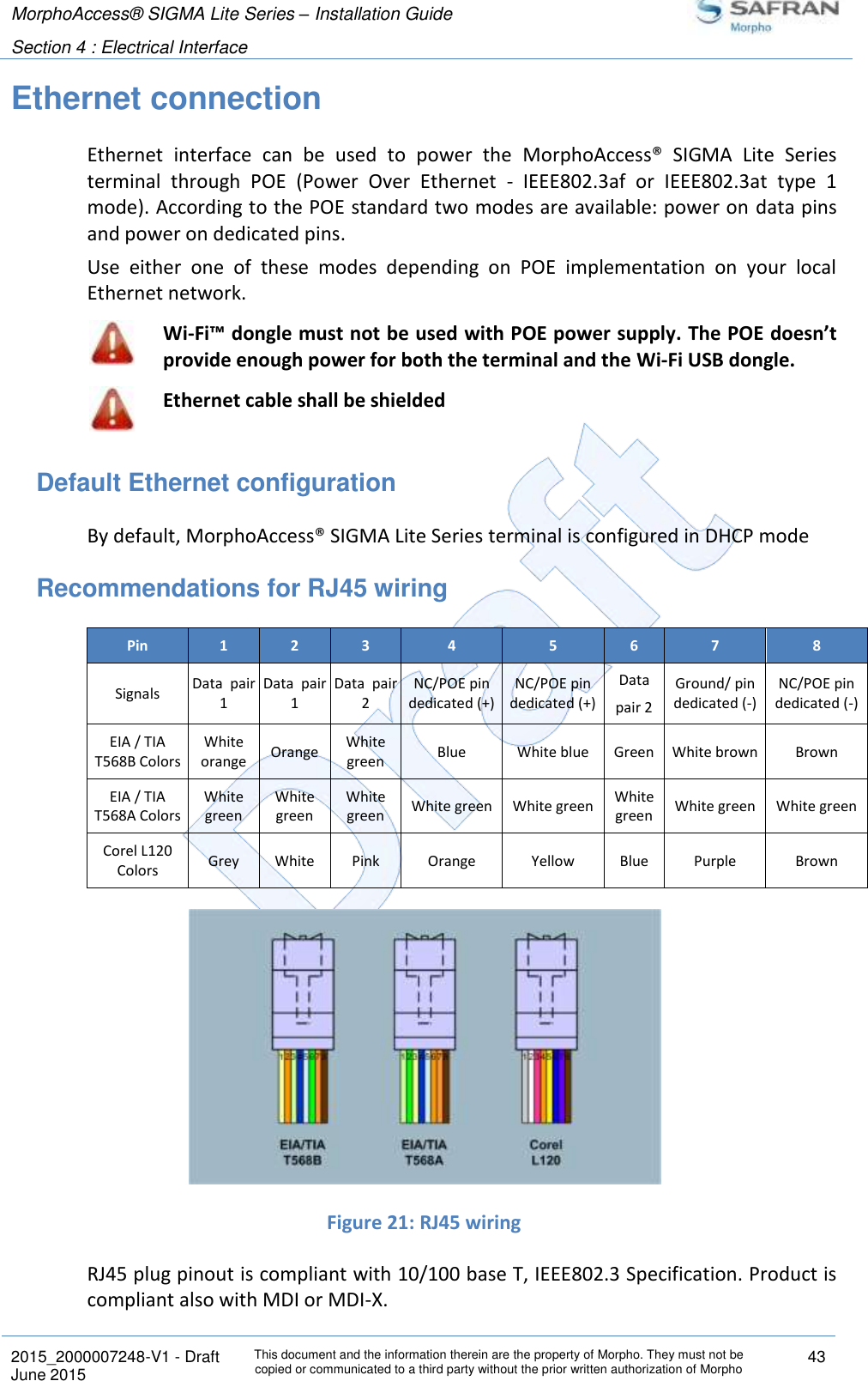 MorphoAccess® SIGMA Lite Series – Installation Guide  Section 4 : Electrical Interface   2015_2000007248-V1 - Draft This document and the information therein are the property of Morpho. They must not be copied or communicated to a third party without the prior written authorization of Morpho 43 June 2015   Ethernet connection Ethernet  interface  can  be  used  to  power  the  MorphoAccess®  SIGMA  Lite  Series terminal  through  POE  (Power  Over  Ethernet  -  IEEE802.3af  or  IEEE802.3at  type  1 mode). According to the POE standard two modes are available: power on data pins and power on dedicated pins. Use  either  one  of  these  modes  depending  on  POE  implementation  on  your  local Ethernet network.  Wi-Fi™ dongle must not be used with POE power supply. The POE doesn’t provide enough power for both the terminal and the Wi-Fi USB dongle.  Ethernet cable shall be shielded Default Ethernet configuration By default, MorphoAccess® SIGMA Lite Series terminal is configured in DHCP mode Recommendations for RJ45 wiring Pin 1 2 3 4 5 6 7 8 Signals Data  pair 1 Data  pair 1 Data  pair 2 NC/POE pin dedicated (+) NC/POE pin dedicated (+) Data  pair 2 Ground/ pin dedicated (-) NC/POE pin dedicated (-) EIA / TIA T568B Colors White orange Orange White green Blue White blue Green White brown Brown EIA / TIA T568A Colors White green White green White green White green White green White green White green White green Corel L120 Colors Grey White Pink Orange Yellow Blue Purple Brown  Figure 21: RJ45 wiring RJ45 plug pinout is compliant with 10/100 base T, IEEE802.3 Specification. Product is compliant also with MDI or MDI-X. 