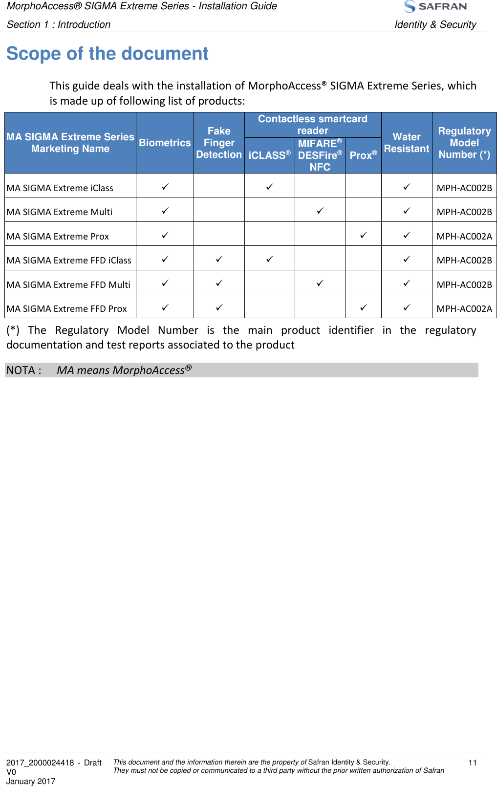 MorphoAccess® SIGMA Extreme Series - Installation Guide  Section 1 : Introduction Identity &amp; Security  2017_2000024418  - Draft V0 January 2017 This document and the information therein are the property of Safran Identity &amp; Security. They must not be copied or communicated to a third party without the prior written authorization of Safran 11  Scope of the document This guide deals with the installation of MorphoAccess® SIGMA Extreme Series, which is made up of following list of products: MA SIGMA Extreme Series Marketing Name Biometrics Fake Finger Detection Contactless smartcard reader Water Resistant Regulatory Model Number (*) iCLASS® MIFARE® DESFire® NFC Prox® MA SIGMA Extreme iClass       MPH-AC002B MA SIGMA Extreme Multi       MPH-AC002B MA SIGMA Extreme Prox       MPH-AC002A MA SIGMA Extreme FFD iClass       MPH-AC002B MA SIGMA Extreme FFD Multi       MPH-AC002B MA SIGMA Extreme FFD Prox       MPH-AC002A (*)  The  Regulatory  Model  Number  is  the  main  product  identifier  in  the  regulatory documentation and test reports associated to the product NOTA :  MA means MorphoAccess®  