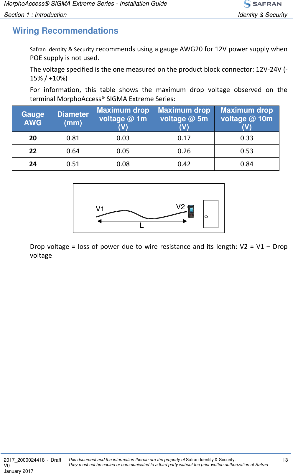 MorphoAccess® SIGMA Extreme Series - Installation Guide  Section 1 : Introduction Identity &amp; Security  2017_2000024418  - Draft V0 January 2017 This document and the information therein are the property of Safran Identity &amp; Security. They must not be copied or communicated to a third party without the prior written authorization of Safran 13   V1 V2 L Wiring Recommendations Safran Identity &amp; Security recommends using a gauge AWG20 for 12V power supply when POE supply is not used. The voltage specified is the one measured on the product block connector: 12V-24V (-15% / +10%) For  information,  this  table  shows  the  maximum  drop  voltage  observed  on  the terminal MorphoAccess® SIGMA Extreme Series: Gauge AWG Diameter (mm) Maximum drop voltage @ 1m (V) Maximum drop voltage @ 5m (V) Maximum drop voltage @ 10m (V) 20 0.81 0.03 0.17 0.33 22 0.64 0.05 0.26 0.53 24 0.51 0.08 0.42 0.84       Drop voltage = loss  of power due to wire resistance and its  length:  V2 = V1  –  Drop voltage   