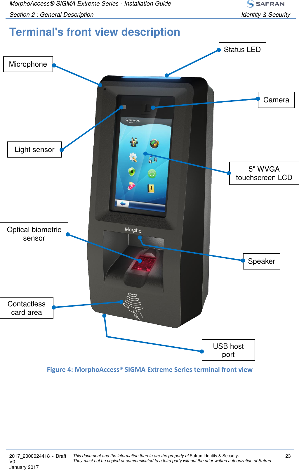 MorphoAccess® SIGMA Extreme Series - Installation Guide  Section 2 : General Description Identity &amp; Security  2017_2000024418  - Draft V0 January 2017 This document and the information therein are the property of Safran Identity &amp; Security. They must not be copied or communicated to a third party without the prior written authorization of Safran 23  Terminal&apos;s front view description                     Figure 4: MorphoAccess® SIGMA Extreme Series terminal front view  Microphone Status LED Camera Light sensor USB host port 5&quot; WVGA touchscreen LCD Optical biometric sensor Contactless card area Speaker 