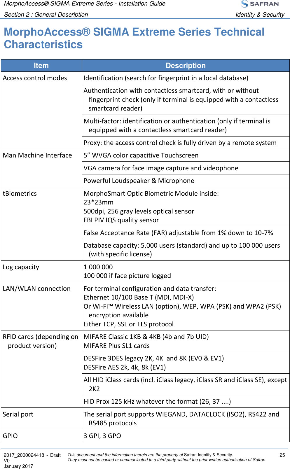 MorphoAccess® SIGMA Extreme Series - Installation Guide  Section 2 : General Description Identity &amp; Security  2017_2000024418  - Draft V0 January 2017 This document and the information therein are the property of Safran Identity &amp; Security. They must not be copied or communicated to a third party without the prior written authorization of Safran 25  MorphoAccess® SIGMA Extreme Series Technical Characteristics Item Description Access control modes Identification (search for fingerprint in a local database) Authentication with contactless smartcard, with or without fingerprint check (only if terminal is equipped with a contactless smartcard reader) Multi-factor: identification or authentication (only if terminal is equipped with a contactless smartcard reader) Proxy: the access control check is fully driven by a remote system Man Machine Interface 5” WVGA color capacitive Touchscreen VGA camera for face image capture and videophone Powerful Loudspeaker &amp; Microphone tBiometrics MorphoSmart Optic Biometric Module inside: 23*23mm 500dpi, 256 gray levels optical sensor FBI PIV IQS quality sensor False Acceptance Rate (FAR) adjustable from 1% down to 10-7% Database capacity: 5,000 users (standard) and up to 100 000 users (with specific license) Log capacity 1 000 000 100 000 if face picture logged LAN/WLAN connection For terminal configuration and data transfer: Ethernet 10/100 Base T (MDI, MDI-X) Or Wi-Fi™ Wireless LAN (option), WEP, WPA (PSK) and WPA2 (PSK) encryption available Either TCP, SSL or TLS protocol RFID cards (depending on product version) MIFARE Classic 1KB &amp; 4KB (4b and 7b UID) MIFARE Plus SL1 cards DESFire 3DES legacy 2K, 4K  and 8K (EV0 &amp; EV1) DESFire AES 2k, 4k, 8k (EV1) All HID iClass cards (incl. iClass legacy, iClass SR and iClass SE), except 2K2 HID Prox 125 kHz whatever the format (26, 37 ....) Serial port The serial port supports WIEGAND, DATACLOCK (ISO2), RS422 and RS485 protocols GPIO 3 GPI, 3 GPO 