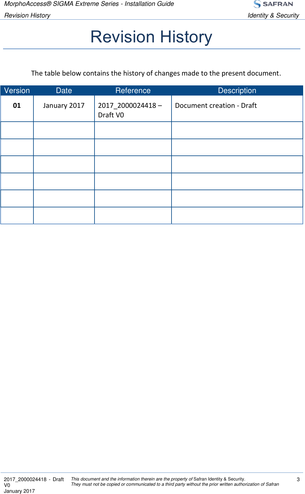 MorphoAccess® SIGMA Extreme Series - Installation Guide  Revision History Identity &amp; Security  2017_2000024418  - Draft V0 January 2017 This document and the information therein are the property of Safran Identity &amp; Security. They must not be copied or communicated to a third party without the prior written authorization of Safran 3  Revision History The table below contains the history of changes made to the present document. Version Date Reference Description 01 January 2017 2017_2000024418 – Draft V0 Document creation - Draft                         