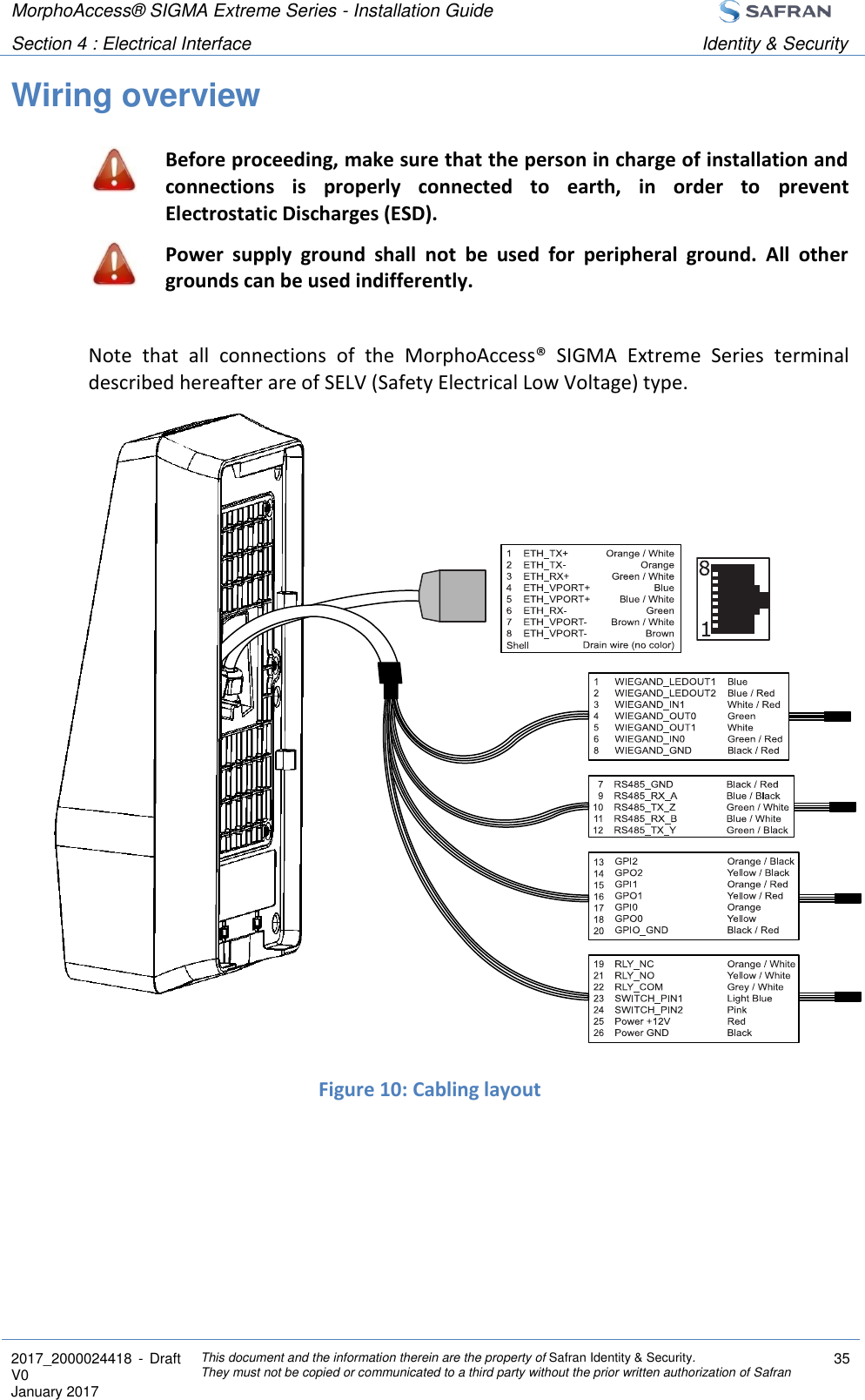 MorphoAccess® SIGMA Extreme Series - Installation Guide  Section 4 : Electrical Interface Identity &amp; Security  2017_2000024418  - Draft V0 January 2017 This document and the information therein are the property of Safran Identity &amp; Security. They must not be copied or communicated to a third party without the prior written authorization of Safran 35  Wiring overview  Before proceeding, make sure that the person in charge of installation and connections  is  properly  connected  to  earth,  in  order  to  prevent Electrostatic Discharges (ESD).  Power  supply  ground  shall  not  be  used  for  peripheral  ground.  All  other grounds can be used indifferently.  Note  that  all  connections  of  the  MorphoAccess®  SIGMA  Extreme  Series  terminal described hereafter are of SELV (Safety Electrical Low Voltage) type.               Figure 10: Cabling layout   