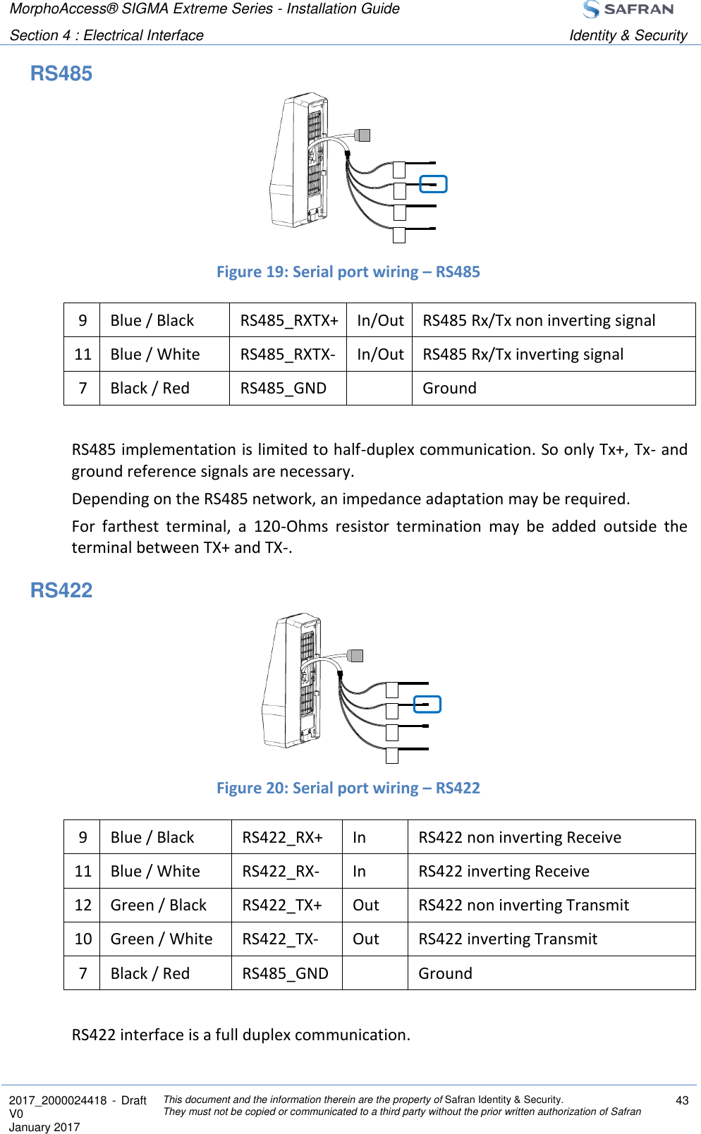 MorphoAccess® SIGMA Extreme Series - Installation Guide  Section 4 : Electrical Interface Identity &amp; Security  2017_2000024418  - Draft V0 January 2017 This document and the information therein are the property of Safran Identity &amp; Security. They must not be copied or communicated to a third party without the prior written authorization of Safran 43  RS485      Figure 19: Serial port wiring – RS485 9 Blue / Black RS485_RXTX+ In/Out RS485 Rx/Tx non inverting signal 11 Blue / White RS485_RXTX- In/Out RS485 Rx/Tx inverting signal 7 Black / Red RS485_GND  Ground  RS485 implementation is limited to half-duplex communication. So only Tx+, Tx- and ground reference signals are necessary. Depending on the RS485 network, an impedance adaptation may be required. For  farthest  terminal,  a  120-Ohms  resistor  termination  may  be  added  outside  the terminal between TX+ and TX-. RS422     Figure 20: Serial port wiring – RS422 9 Blue / Black RS422_RX+ In RS422 non inverting Receive 11 Blue / White RS422_RX- In RS422 inverting Receive 12 Green / Black RS422_TX+ Out RS422 non inverting Transmit 10 Green / White RS422_TX- Out RS422 inverting Transmit 7 Black / Red RS485_GND  Ground  RS422 interface is a full duplex communication. 