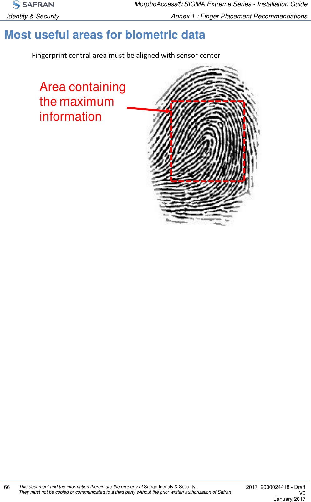  MorphoAccess® SIGMA Extreme Series - Installation Guide  Identity &amp; Security Annex 1 : Finger Placement Recommendations  66 This document and the information therein are the property of Safran Identity &amp; Security. They must not be copied or communicated to a third party without the prior written authorization of Safran  2017_2000024418 - Draft V0 January 2017  Most useful areas for biometric data Fingerprint central area must be aligned with sensor center  Area containing the maximum information