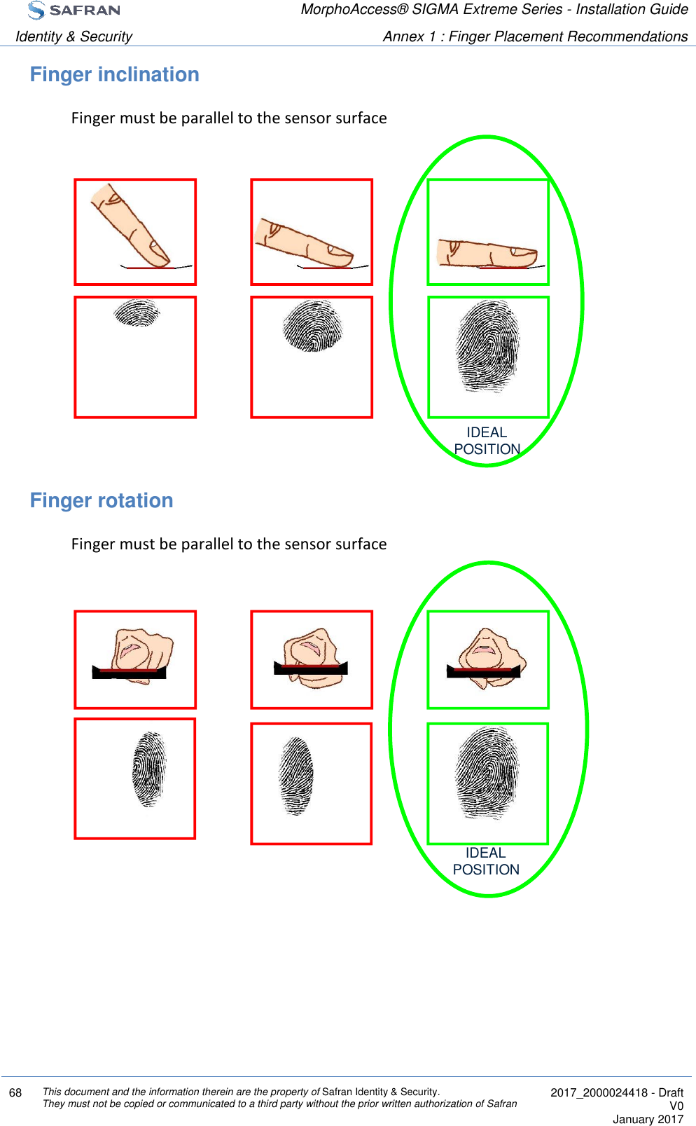  MorphoAccess® SIGMA Extreme Series - Installation Guide  Identity &amp; Security Annex 1 : Finger Placement Recommendations  68 This document and the information therein are the property of Safran Identity &amp; Security. They must not be copied or communicated to a third party without the prior written authorization of Safran  2017_2000024418 - Draft V0 January 2017  Finger inclination Finger must be parallel to the sensor surface  Finger rotation Finger must be parallel to the sensor surface   IDEALPOSITIONIDEALPOSITION