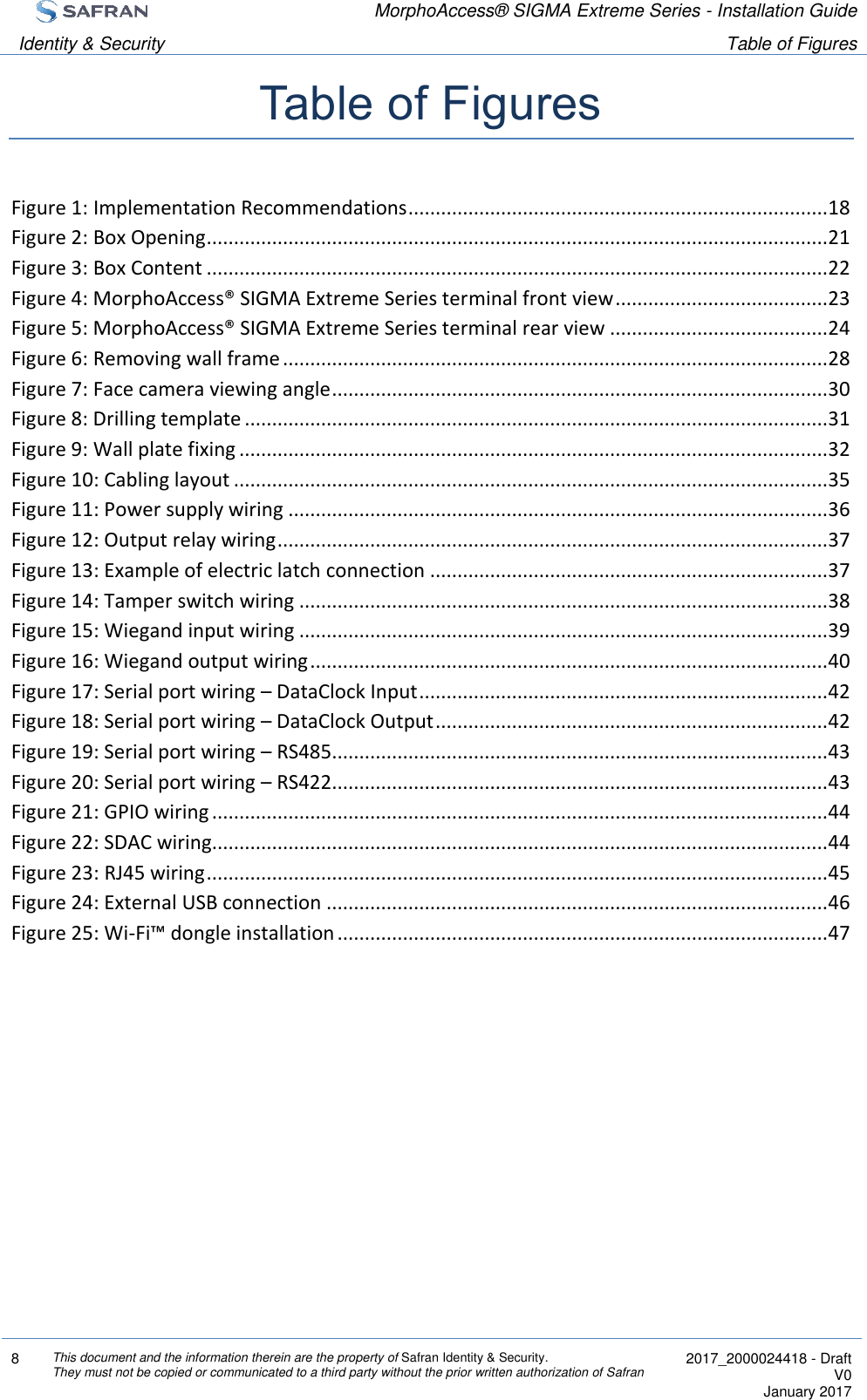  MorphoAccess® SIGMA Extreme Series - Installation Guide  Identity &amp; Security Table of Figures  8 This document and the information therein are the property of Safran Identity &amp; Security. They must not be copied or communicated to a third party without the prior written authorization of Safran  2017_2000024418 - Draft V0 January 2017  Table of Figures Figure 1: Implementation Recommendations ............................................................................. 18 Figure 2: Box Opening .................................................................................................................. 21 Figure 3: Box Content .................................................................................................................. 22 Figure 4: MorphoAccess® SIGMA Extreme Series terminal front view ....................................... 23 Figure 5: MorphoAccess® SIGMA Extreme Series terminal rear view ........................................ 24 Figure 6: Removing wall frame .................................................................................................... 28 Figure 7: Face camera viewing angle ........................................................................................... 30 Figure 8: Drilling template ........................................................................................................... 31 Figure 9: Wall plate fixing ............................................................................................................ 32 Figure 10: Cabling layout ............................................................................................................. 35 Figure 11: Power supply wiring ................................................................................................... 36 Figure 12: Output relay wiring ..................................................................................................... 37 Figure 13: Example of electric latch connection ......................................................................... 37 Figure 14: Tamper switch wiring ................................................................................................. 38 Figure 15: Wiegand input wiring ................................................................................................. 39 Figure 16: Wiegand output wiring ............................................................................................... 40 Figure 17: Serial port wiring – DataClock Input ........................................................................... 42 Figure 18: Serial port wiring – DataClock Output ........................................................................ 42 Figure 19: Serial port wiring – RS485 ........................................................................................... 43 Figure 20: Serial port wiring – RS422 ........................................................................................... 43 Figure 21: GPIO wiring ................................................................................................................. 44 Figure 22: SDAC wiring................................................................................................................. 44 Figure 23: RJ45 wiring .................................................................................................................. 45 Figure 24: External USB connection ............................................................................................ 46 Figure 25: Wi-Fi™ dongle installation .......................................................................................... 47  