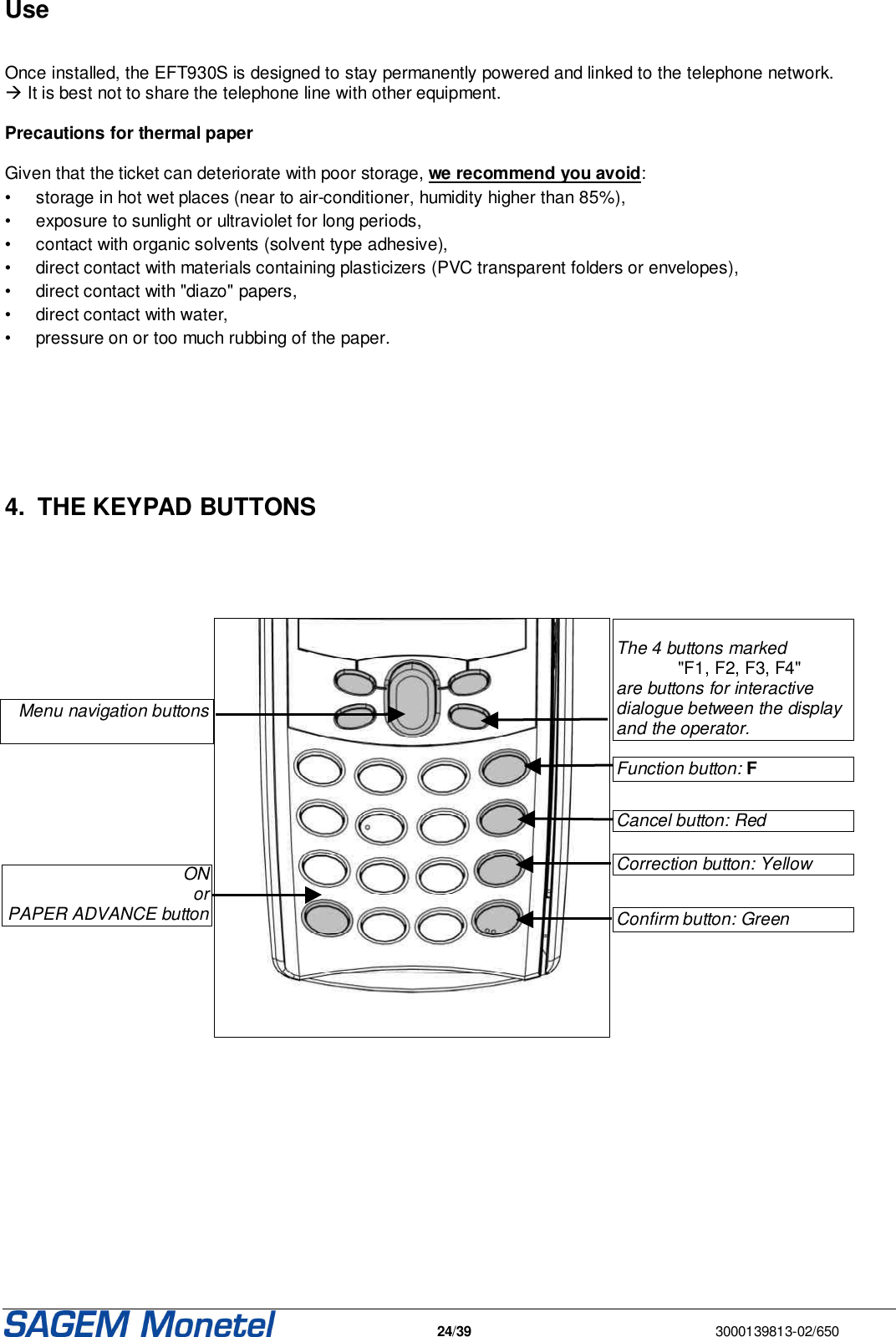   24/39  3000139813-02/650  Use   Once installed, the EFT930S is designed to stay permanently powered and linked to the telephone network.   It is best not to share the telephone line with other equipment.   Precautions for thermal paper  Given that the ticket can deteriorate with poor storage, we recommend you avoid: •  storage in hot wet places (near to air-conditioner, humidity higher than 85%),  •  exposure to sunlight or ultraviolet for long periods,  •  contact with organic solvents (solvent type adhesive),  •  direct contact with materials containing plasticizers (PVC transparent folders or envelopes), •  direct contact with &quot;diazo&quot; papers,  •  direct contact with water,  •  pressure on or too much rubbing of the paper.        4.  THE KEYPAD BUTTONS          Menu navigation buttons        ON or PAPER ADVANCE button    The 4 buttons marked    &quot;F1, F2, F3, F4&quot;  are buttons for interactive dialogue between the display and the operator.  Function button: F  Cancel button: Red   Correction button: Yellow  Confirm button: Green         