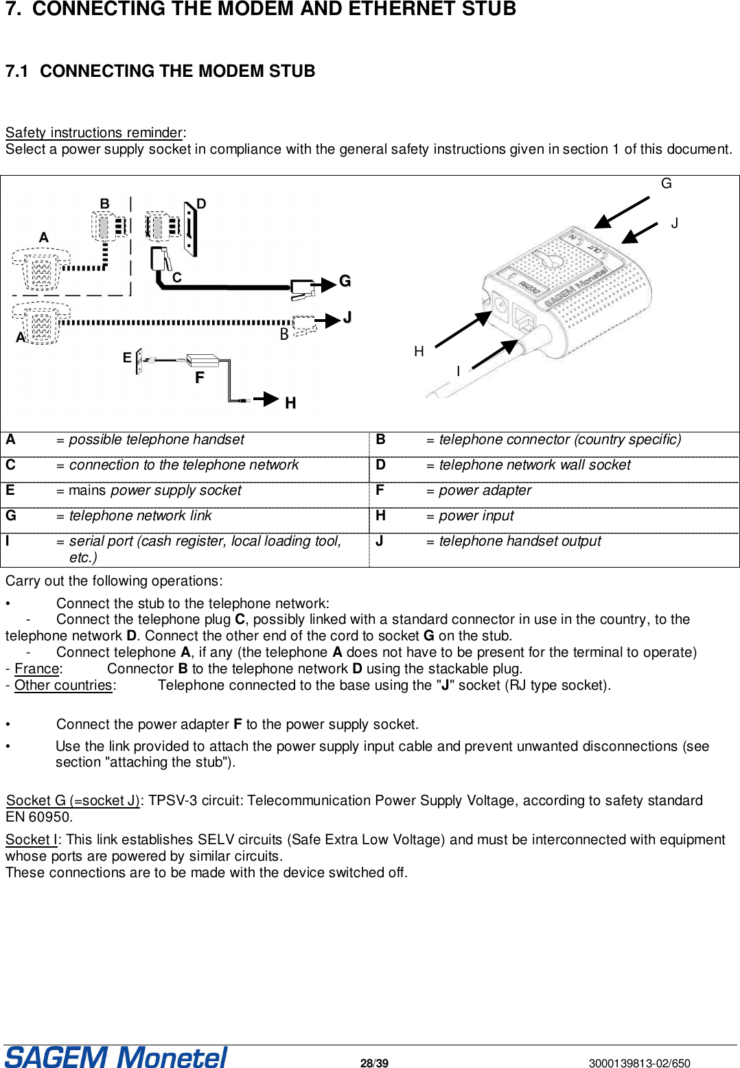   28/39  3000139813-02/650   7.  CONNECTING THE MODEM AND ETHERNET STUB  7.1  CONNECTING THE MODEM STUB  Safety instructions reminder:  Select a power supply socket in compliance with the general safety instructions given in section 1 of this document.           A  = possible telephone handset B  = telephone connector (country specific)  C  = connection to the telephone network  D  = telephone network wall socket E  = mains power supply socket F  = power adapter G  = telephone network link H  = power input I  = serial port (cash register, local loading tool,     etc.) J  = telephone handset output Carry out the following operations: •  Connect the stub to the telephone network:  -  Connect the telephone plug C, possibly linked with a standard connector in use in the country, to the telephone network D. Connect the other end of the cord to socket G on the stub. -  Connect telephone A, if any (the telephone A does not have to be present for the terminal to operate)  - France:   Connector B to the telephone network D using the stackable plug.  - Other countries:   Telephone connected to the base using the &quot;J&quot; socket (RJ type socket).  •  Connect the power adapter F to the power supply socket.  •  Use the link provided to attach the power supply input cable and prevent unwanted disconnections (see section &quot;attaching the stub&quot;).  Socket G (=socket J): TPSV-3 circuit: Telecommunication Power Supply Voltage, according to safety standard EN 60950.  Socket I: This link establishes SELV circuits (Safe Extra Low Voltage) and must be interconnected with equipment whose ports are powered by similar circuits.  These connections are to be made with the device switched off.  H I G J FF  HH  JJ  GG  