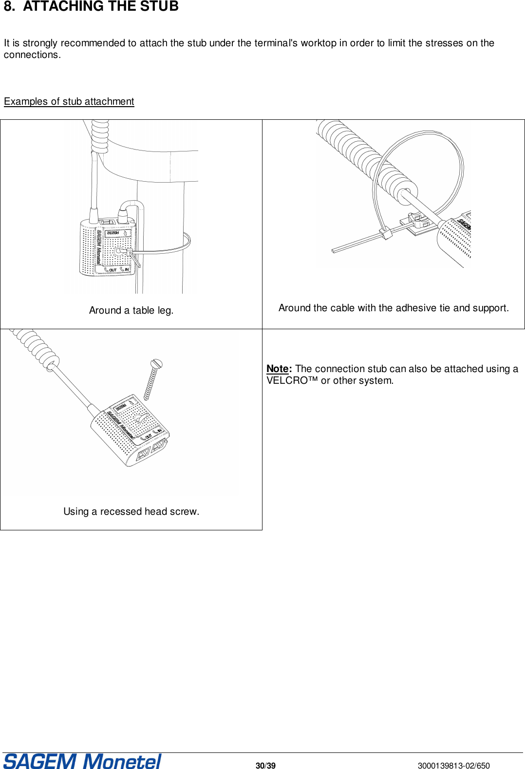   30/39  3000139813-02/650  8.  ATTACHING THE STUB   It is strongly recommended to attach the stub under the terminal&apos;s worktop in order to limit the stresses on the connections.    Examples of stub attachment    Around a table leg.      Around the cable with the adhesive tie and support.   Using a recessed head screw.     Note: The connection stub can also be attached using a VELCRO™ or other system.    