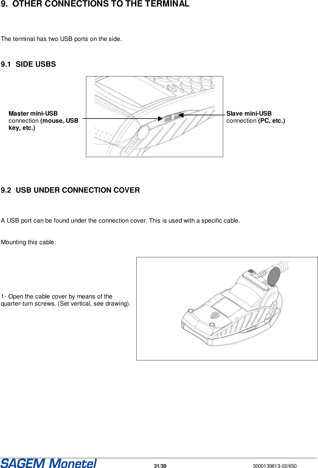   31/39  3000139813-02/650  9.  OTHER CONNECTIONS TO THE TERMINAL   The terminal has two USB ports on the side.  9.1  SIDE USBS     Master mini-USB connection (mouse, USB key, etc.)      Slave mini-USB connection (PC, etc.)    9.2  USB UNDER CONNECTION COVER  A USB port can be found under the connection cover. This is used with a specific cable.  Mounting this cable:     1- Open the cable cover by means of the quarter-turn screws. (Set vertical, see drawing).   