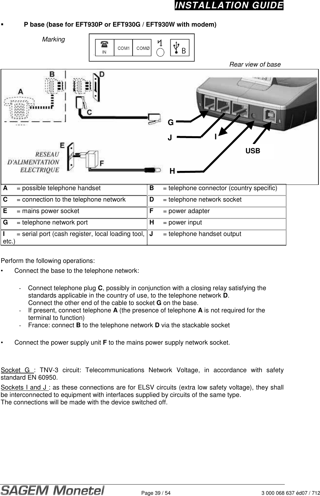 INSTALLATION GUIDE   Page 39 / 54  3 000 068 637 éd07 / 712   P base (base for EFT930P or EFT930G / EFT930W with modem)  Marking   Rear view of base   A  = possible telephone handset  B  = telephone connector (country specific) C  = connection to the telephone network  D  = telephone network socket E  = mains power socket  F  = power adapter G  = telephone network port  H  = power input I  = serial port (cash register, local loading tool, etc.)  J  = telephone handset output  Perform the following operations: •  Connect the base to the telephone network:    -  Connect telephone plug C, possibly in conjunction with a closing relay satisfying the standards applicable in the country of use, to the telephone network D.  Connect the other end of the cable to socket G on the base. -  If present, connect telephone A (the presence of telephone A is not required for the terminal to function)  -  France: connect B to the telephone network D via the stackable socket   •  Connect the power supply unit F to the mains power supply network socket.    Socket  G  :  TNV-3  circuit:  Telecommunications  Network  Voltage,  in  accordance  with  safety standard EN 60950.  Sockets I and J : as these connections are for ELSV circuits (extra low safety voltage), they shall be interconnected to equipment with interfaces supplied by circuits of the same type.  The connections will be made with the device switched off. G J I H USB 