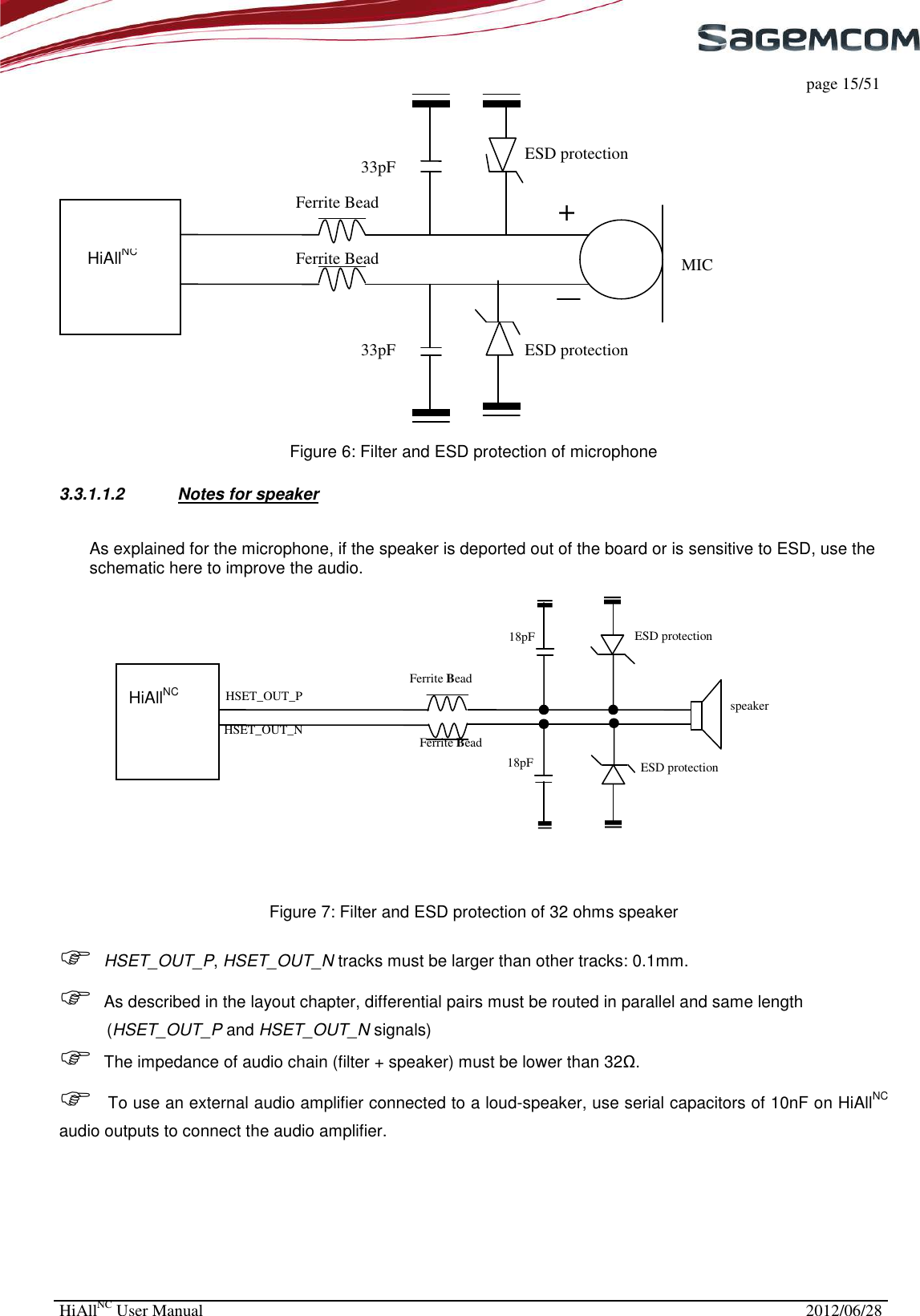     page 15/51 HiAllNC User Manual  2012/06/28    Figure 6: Filter and ESD protection of microphone 3.3.1.1.2  Notes for speaker As explained for the microphone, if the speaker is deported out of the board or is sensitive to ESD, use the schematic here to improve the audio.      Figure 7: Filter and ESD protection of 32 ohms speaker   HSET_OUT_P, HSET_OUT_N tracks must be larger than other tracks: 0.1mm.  As described in the layout chapter, differential pairs must be routed in parallel and same length (HSET_OUT_P and HSET_OUT_N signals)  The impedance of audio chain (filter + speaker) must be lower than 32Ω.  To use an external audio amplifier connected to a loud-speaker, use serial capacitors of 10nF on HiAllNC audio outputs to connect the audio amplifier. MIC 33pF 33pF Ferrite Bead Ferrite Bead + ESD protection ESD protection HiAllNC  HiAllNC  HSET_OUT_P HSET_OUT_N speaker Ferrite Bead Ferrite Bead 18pF 18pF ESD protection ESD protection 