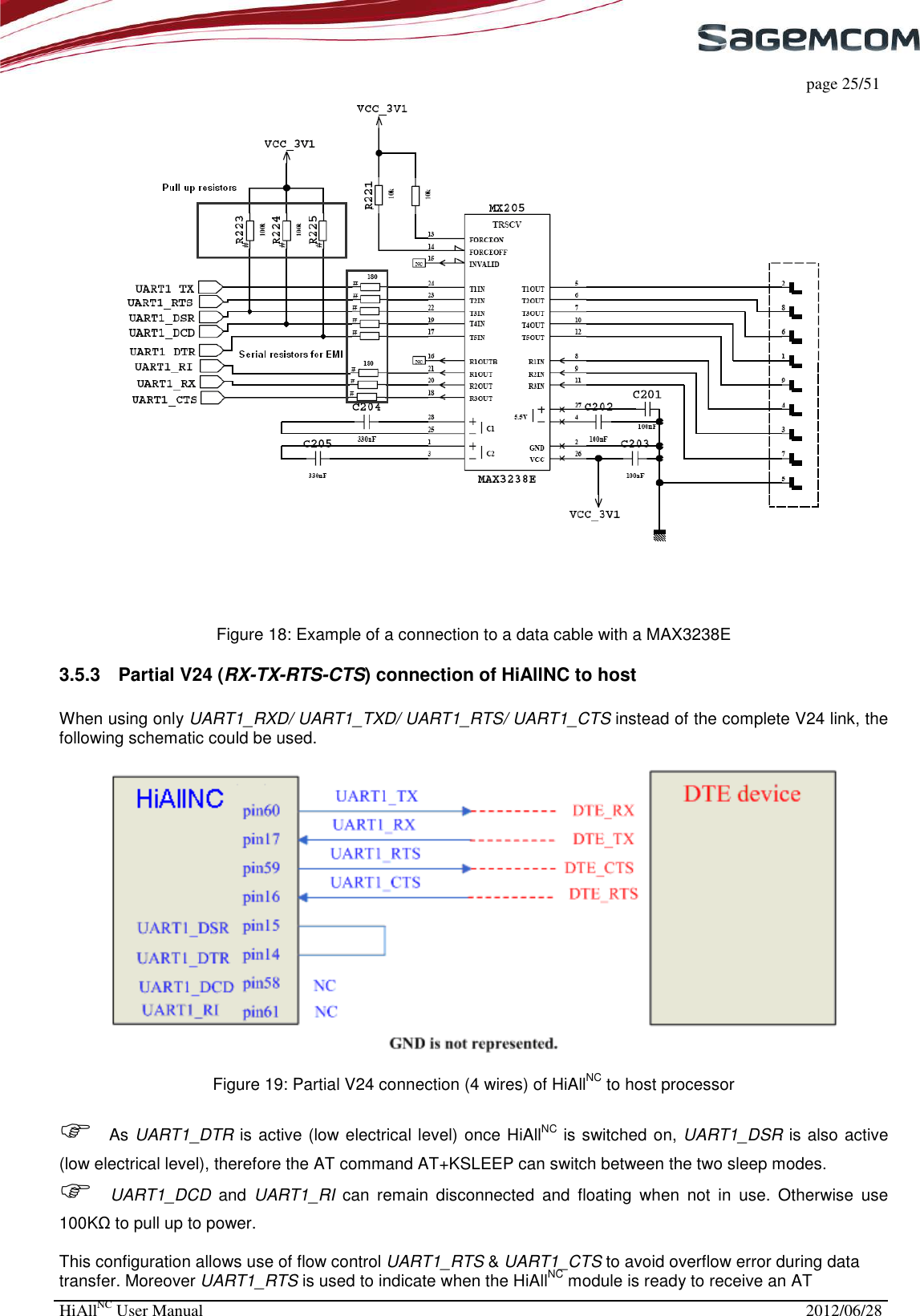     page 25/51 HiAllNC User Manual  2012/06/28   Figure 18: Example of a connection to a data cable with a MAX3238E  3.5.3  Partial V24 (RX-TX-RTS-CTS) connection of HiAllNC to host  When using only UART1_RXD/ UART1_TXD/ UART1_RTS/ UART1_CTS instead of the complete V24 link, the following schematic could be used.    Figure 19: Partial V24 connection (4 wires) of HiAllNC to host processor    As UART1_DTR is active (low electrical level) once HiAllNC is switched on, UART1_DSR is also active (low electrical level), therefore the AT command AT+KSLEEP can switch between the two sleep modes.  UART1_DCD  and  UART1_RI  can  remain  disconnected  and  floating  when  not  in  use.  Otherwise  use 100KΩ to pull up to power.  This configuration allows use of flow control UART1_RTS &amp; UART1_CTS to avoid overflow error during data transfer. Moreover UART1_RTS is used to indicate when the HiAllNC module is ready to receive an AT 