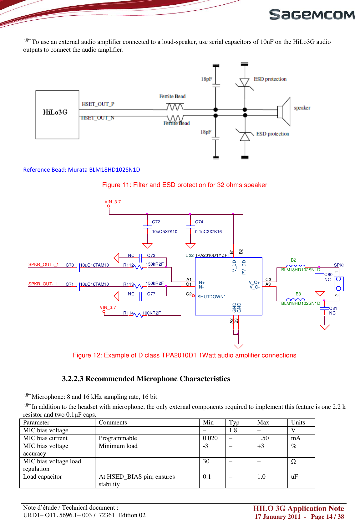       Note d‘étude / Technical document : URD1– OTL 5696.1– 003 /  72361  Edition 02 HILO 3G Application Note 17 January 2011  -   Page 14 / 38    To use an external audio amplifier connected to a loud-speaker, use serial capacitors of 10nF on the HiLo3G audio outputs to connect the audio amplifier.   Reference Bead: Murata BLM18HD102SN1D  Figure 11: Filter and ESD protection for 32 ohms speaker  SPK112C77NCR114 100KR2FC80NCB2BLM18HD102SN1DC81NCVIN_3.7VIN_3.7C70 10uC16TAM10SPKR_OUT+_1C740.1uC2X7K16C71 10uC16TAM10SPKR_OUT-_1R112 150kR2FC7210uC5X7K10B3BLM18HD102SN1DR113 150kR2FC73NC TPA2010D1YZFTU22GNDB3 V_DD B1V_O- A3V_O+ C3IN-C1 IN+A1PV_DD B2SHUTDOWN*C2GNDA2 Figure 12: Example of D class TPA2010D1 1Watt audio amplifier connections                                                           3.2.2.3 Recommended Microphone Characteristics   Microphone: 8 and 16 kHz sampling rate, 16 bit. In addition to the headset with microphone, the only external components required to implement this feature is one 2.2 k resistor and two 0.1μF caps. Parameter Comments Min Typ Max Units MIC bias voltage  – 1.8 – V MIC bias current Programmable 0.020 – 1.50 mA MIC bias voltage accuracy Minimum load -3 – +3 % MIC bias voltage load regulation  30 – – Ω Load capacitor At HSED_BIAS pin; ensures stability 0.1 – 1.0 uF 