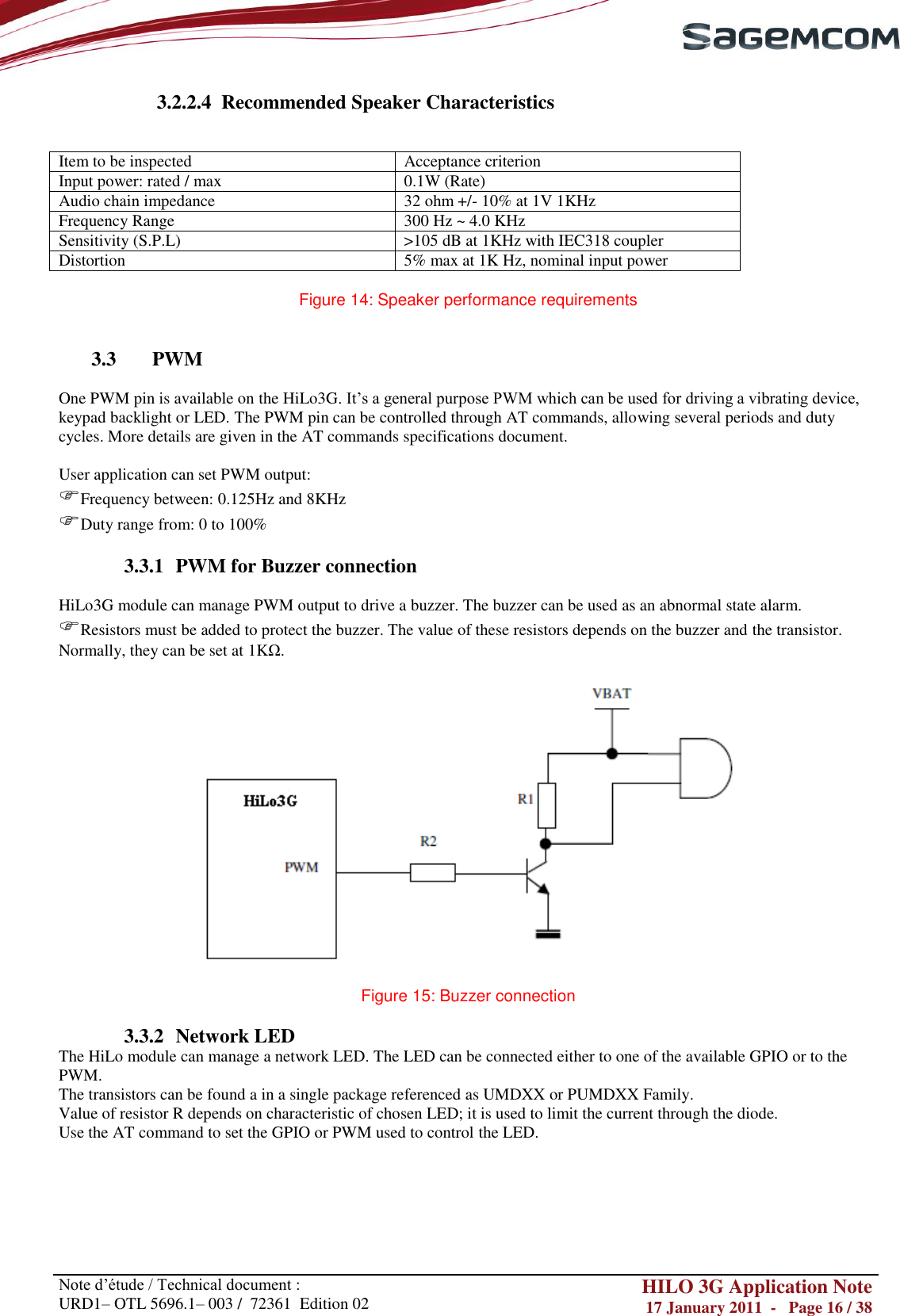       Note d‘étude / Technical document : URD1– OTL 5696.1– 003 /  72361  Edition 02 HILO 3G Application Note 17 January 2011  -   Page 16 / 38    3.2.2.4  Recommended Speaker Characteristics   Item to be inspected Acceptance criterion Input power: rated / max 0.1W (Rate) Audio chain impedance 32 ohm +/- 10% at 1V 1KHz Frequency Range 300 Hz ~ 4.0 KHz Sensitivity (S.P.L) &gt;105 dB at 1KHz with IEC318 coupler Distortion 5% max at 1K Hz, nominal input power  Figure 14: Speaker performance requirements   3.3 PWM  One PWM pin is available on the HiLo3G. It‘s a general purpose PWM which can be used for driving a vibrating device, keypad backlight or LED. The PWM pin can be controlled through AT commands, allowing several periods and duty cycles. More details are given in the AT commands specifications document.  User application can set PWM output:  Frequency between: 0.125Hz and 8KHz  Duty range from: 0 to 100%  3.3.1 PWM for Buzzer connection  HiLo3G module can manage PWM output to drive a buzzer. The buzzer can be used as an abnormal state alarm. Resistors must be added to protect the buzzer. The value of these resistors depends on the buzzer and the transistor. Normally, they can be set at 1KΩ.                                  Figure 15: Buzzer connection  3.3.2 Network LED The HiLo module can manage a network LED. The LED can be connected either to one of the available GPIO or to the PWM.  The transistors can be found a in a single package referenced as UMDXX or PUMDXX Family.  Value of resistor R depends on characteristic of chosen LED; it is used to limit the current through the diode.  Use the AT command to set the GPIO or PWM used to control the LED.  