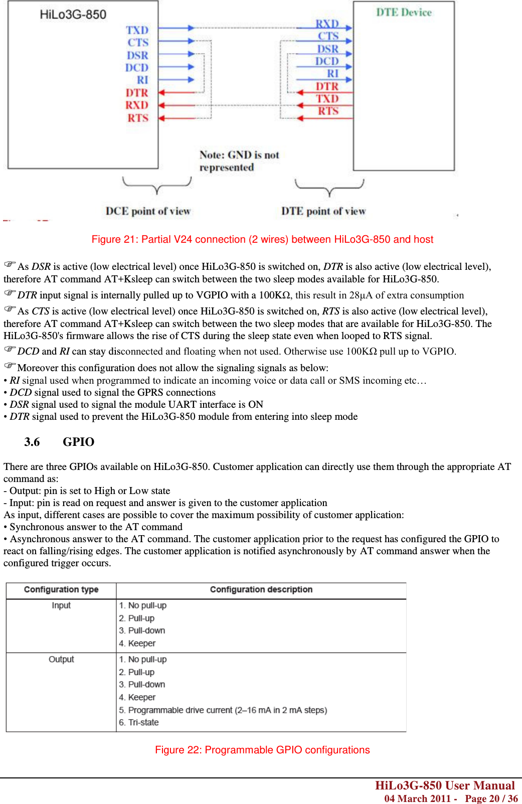        HiLo3G-850 User Manual  04 March 2011 -   Page 20 / 36    Figure 21: Partial V24 connection (2 wires) between HiLo3G-850 and host  As DSR is active (low electrical level) once HiLo3G-850 is switched on, DTR is also active (low electrical level), therefore AT command AT+Ksleep can switch between the two sleep modes available for HiLo3G-850. DTR input signal is internally pulled up to VGPIO with a 100KΩ, this result in 28μA of extra consumption As CTS is active (low electrical level) once HiLo3G-850 is switched on, RTS is also active (low electrical level), therefore AT command AT+Ksleep can switch between the two sleep modes that are available for HiLo3G-850. The HiLo3G-850&apos;s firmware allows the rise of CTS during the sleep state even when looped to RTS signal. DCD and RI can stay disconnected and floating when not used. Otherwise use 100KΩ pull up to VGPIO. Moreover this configuration does not allow the signaling signals as below: • RI signal used when programmed to indicate an incoming voice or data call or SMS incoming etc… • DCD signal used to signal the GPRS connections • DSR signal used to signal the module UART interface is ON • DTR signal used to prevent the HiLo3G-850 module from entering into sleep mode  3.6 GPIO  There are three GPIOs available on HiLo3G-850. Customer application can directly use them through the appropriate AT command as: - Output: pin is set to High or Low state - Input: pin is read on request and answer is given to the customer application As input, different cases are possible to cover the maximum possibility of customer application: • Synchronous answer to the AT command • Asynchronous answer to the AT command. The customer application prior to the request has configured the GPIO to react on falling/rising edges. The customer application is notified asynchronously by AT command answer when the configured trigger occurs.    Figure 22: Programmable GPIO configurations  