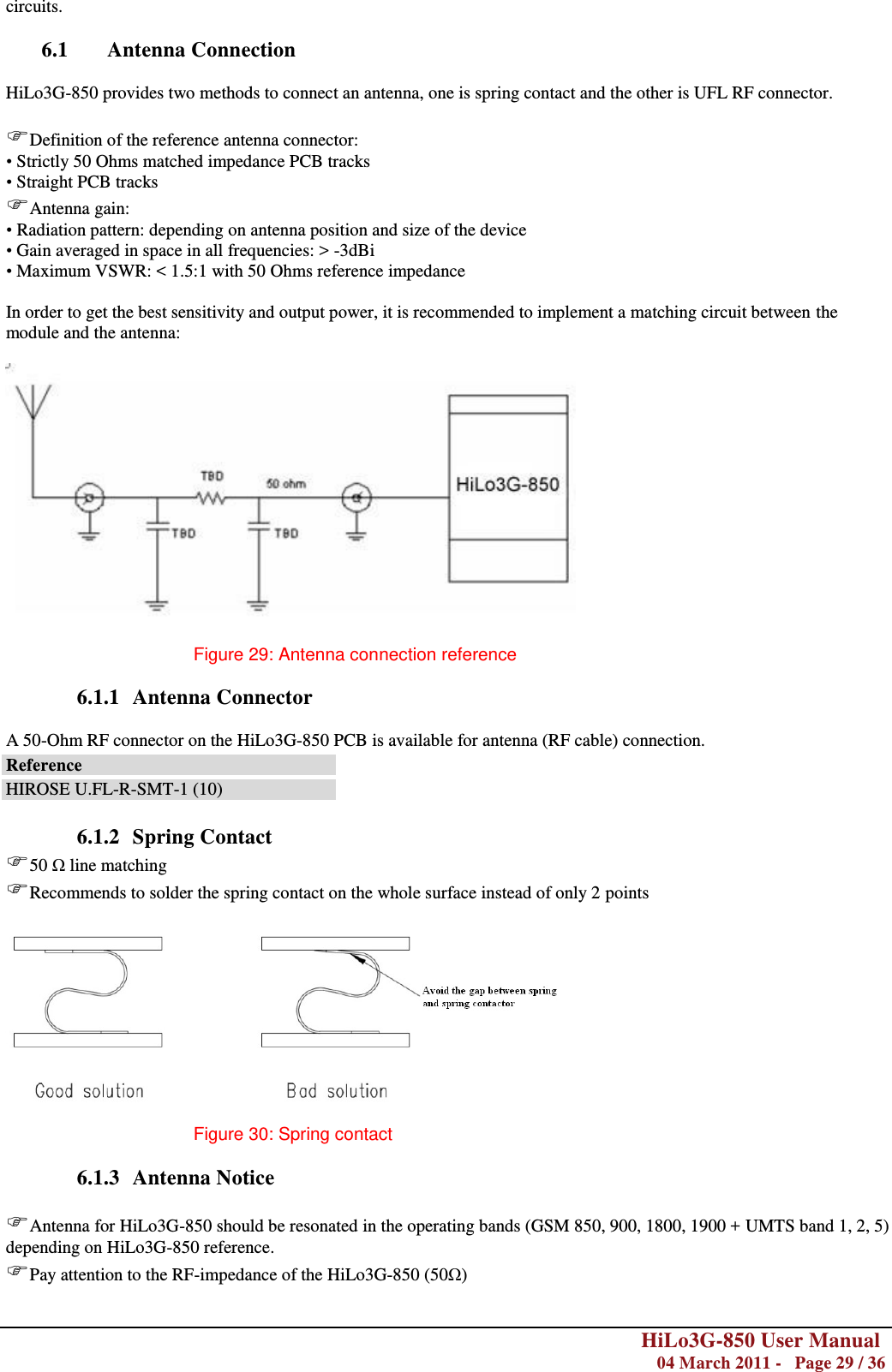        HiLo3G-850 User Manual  04 March 2011 -   Page 29 / 36  circuits.  6.1 Antenna Connection  HiLo3G-850 provides two methods to connect an antenna, one is spring contact and the other is UFL RF connector.  Definition of the reference antenna connector: • Strictly 50 Ohms matched impedance PCB tracks • Straight PCB tracks Antenna gain: • Radiation pattern: depending on antenna position and size of the device • Gain averaged in space in all frequencies: &gt; -3dBi • Maximum VSWR: &lt; 1.5:1 with 50 Ohms reference impedance  In order to get the best sensitivity and output power, it is recommended to implement a matching circuit between the module and the antenna:    Figure 29: Antenna connection reference  6.1.1 Antenna Connector  A 50-Ohm RF connector on the HiLo3G-850 PCB is available for antenna (RF cable) connection. Reference HIROSE U.FL-R-SMT-1 (10)  6.1.2 Spring Contact 50 Ω line matching  Recommends to solder the spring contact on the whole surface instead of only 2 points    Figure 30: Spring contact   6.1.3 Antenna Notice  Antenna for HiLo3G-850 should be resonated in the operating bands (GSM 850, 900, 1800, 1900 + UMTS band 1, 2, 5) depending on HiLo3G-850 reference. Pay attention to the RF-impedance of the HiLo3G-850 (50Ω) 