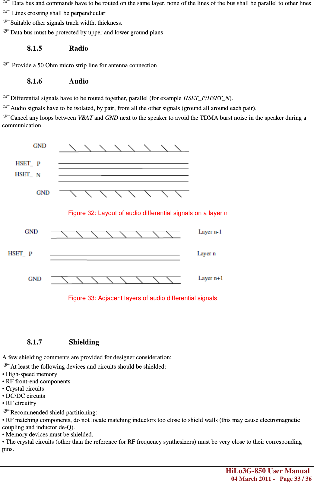        HiLo3G-850 User Manual  04 March 2011 -   Page 33 / 36   Data bus and commands have to be routed on the same layer, none of the lines of the bus shall be parallel to other lines  Lines crossing shall be perpendicular Suitable other signals track width, thickness. Data bus must be protected by upper and lower ground plans  8.1.5 Radio   Provide a 50 Ohm micro strip line for antenna connection  8.1.6 Audio  Differential signals have to be routed together, parallel (for example HSET_P/HSET_N). Audio signals have to be isolated, by pair, from all the other signals (ground all around each pair). Cancel any loops between VBAT and GND next to the speaker to avoid the TDMA burst noise in the speaker during a communication.    Figure 32: Layout of audio differential signals on a layer n    Figure 33: Adjacent layers of audio differential signals      8.1.7 Shielding  A few shielding comments are provided for designer consideration: At least the following devices and circuits should be shielded: • High-speed memory • RF front-end components • Crystal circuits • DC/DC circuits • RF circuitry Recommended shield partitioning: • RF matching components, do not locate matching inductors too close to shield walls (this may cause electromagnetic coupling and inductor de-Q). • Memory devices must be shielded.  • The crystal circuits (other than the reference for RF frequency synthesizers) must be very close to their corresponding pins. 