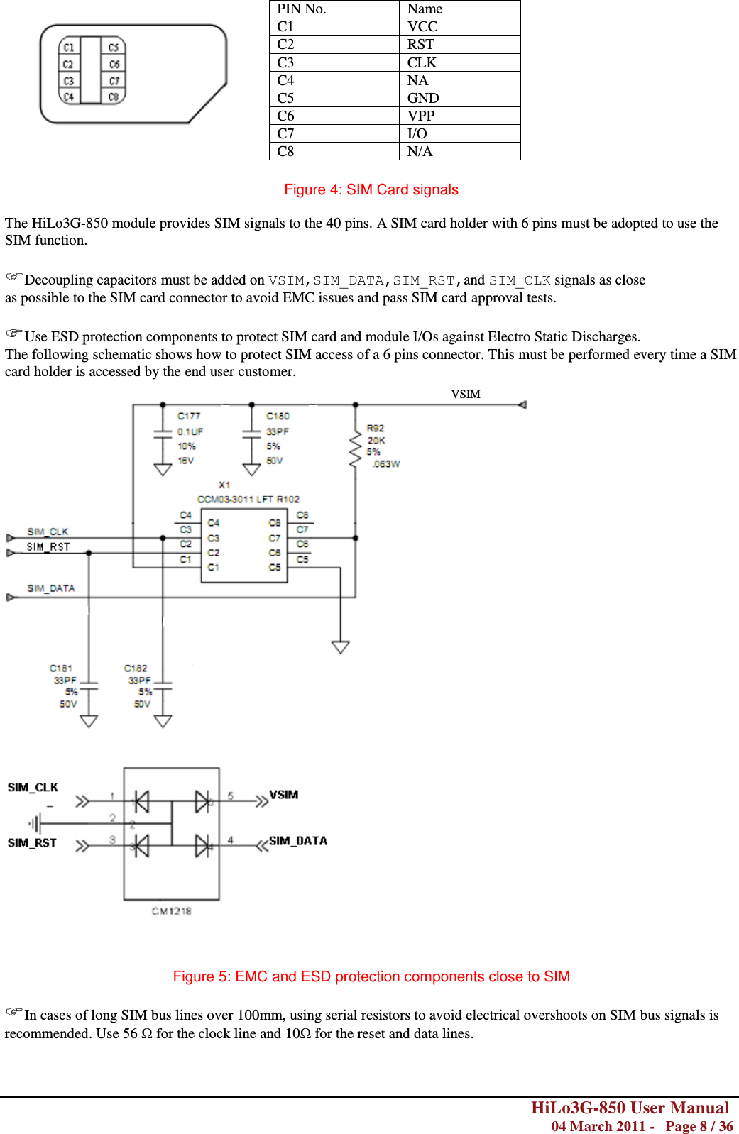        HiLo3G-850 User Manual  04 March 2011 -   Page 8 / 36                  Figure 4: SIM Card signals  The HiLo3G-850 module provides SIM signals to the 40 pins. A SIM card holder with 6 pins must be adopted to use the SIM function.  Decoupling capacitors must be added on VSIM,SIM_DATA,SIM_RST,and SIM_CLK signals as close as possible to the SIM card connector to avoid EMC issues and pass SIM card approval tests.  Use ESD protection components to protect SIM card and module I/Os against Electro Static Discharges. The following schematic shows how to protect SIM access of a 6 pins connector. This must be performed every time a SIM card holder is accessed by the end user customer.   Figure 5: EMC and ESD protection components close to SIM  In cases of long SIM bus lines over 100mm, using serial resistors to avoid electrical overshoots on SIM bus signals is recommended. Use 56 Ω for the clock line and 10Ω for the reset and data lines.   PIN No. Name C1 VCC C2 RST C3 CLK C4 NA C5 GND C6 VPP C7 I/O C8 N/A VSIM 