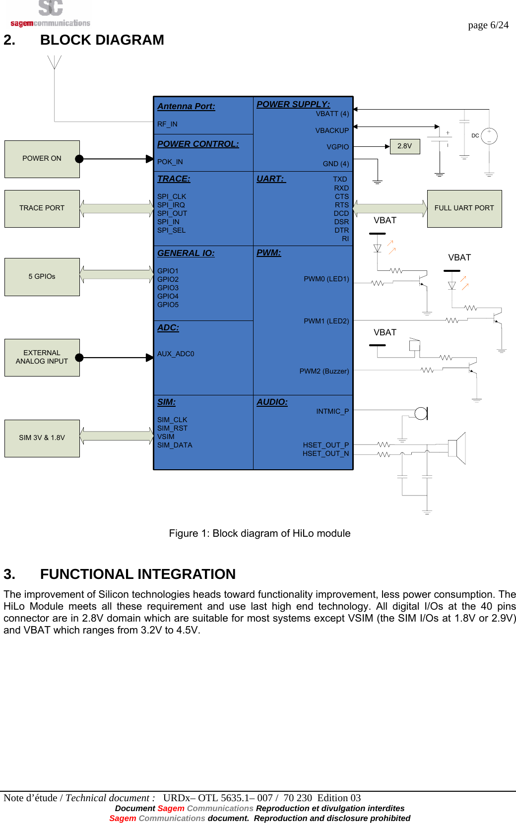  page 6/24 Note d’étude / Technical document :   URDx– OTL 5635.1– 007 /  70 230  Edition 03 Document Sagem Communications Reproduction et divulgation interdites Sagem Communications document.  Reproduction and disclosure prohibited 2. BLOCK DIAGRAM POWER CONTROL:POK_INPOWER SUPPLY: VBATT (4)VBACKUPVGPIOGND (4)TRACE:SPI_CLKSPI_IRQSPI_OUTSPI_INSPI_SELUART:  TXDRXDCTSRTSDCDDSRDTRRIGENERAL IO:GPIO1GPIO2GPIO3GPIO4GPIO5ADC:AUX_ADC0PWM:PWM0 (LED1)PWM1 (LED2)PWM2 (Buzzer)SIM:SIM_CLKSIM_RSTVSIMSIM_DATAAUDIO:INTMIC_PHSET_OUT_PHSET_OUT_NPOWER ONTRACE PORTSIM 3V &amp; 1.8VEXTERNAL ANALOG INPUT5 GPIOsFULL UART PORTDC2.8VAntenna Port:RF_INVBATVBATVBAT Figure 1: Block diagram of HiLo module 3. FUNCTIONAL INTEGRATION The improvement of Silicon technologies heads toward functionality improvement, less power consumption. The HiLo Module meets all these requirement and use last high end technology. All digital I/Os at the 40 pins  connector are in 2.8V domain which are suitable for most systems except VSIM (the SIM I/Os at 1.8V or 2.9V) and VBAT which ranges from 3.2V to 4.5V.  