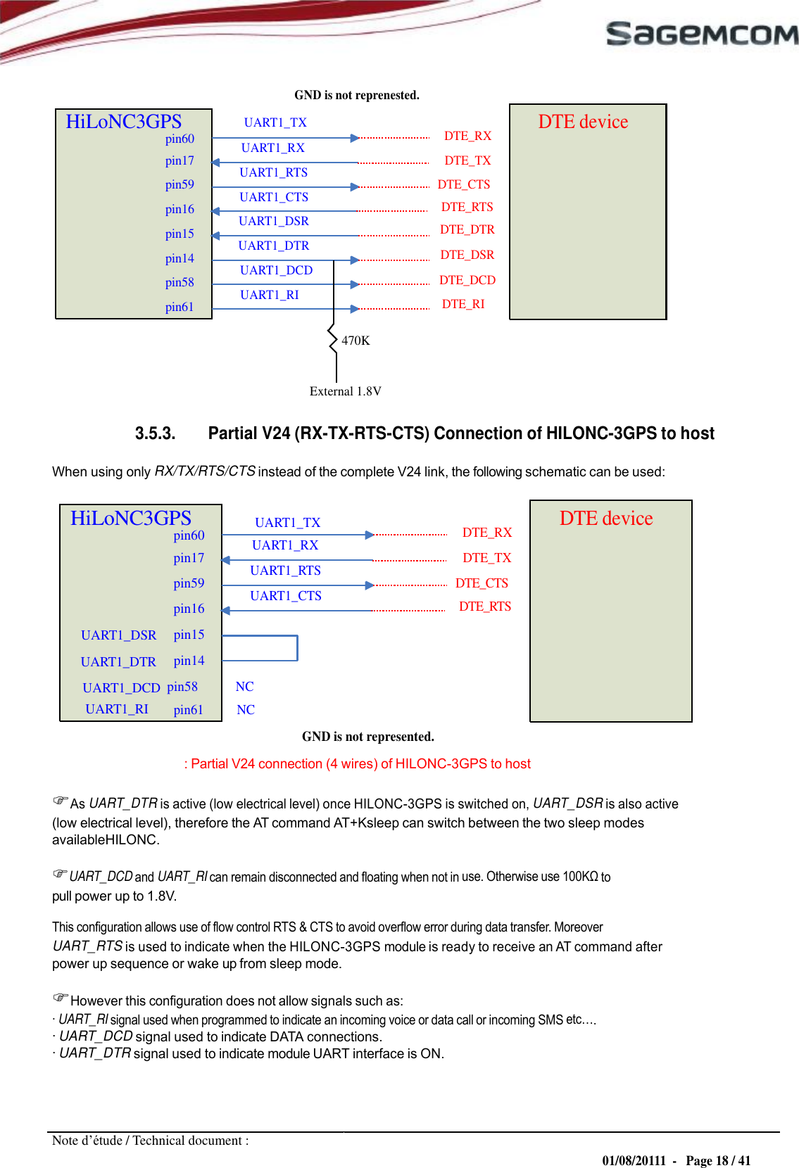  URD1– OTL 5696.1– 022 /  72740  Edition 0.4 HILONC- 3GPS APPLICATION NOTE       GND is not reprenested. HiLoNC3GPS pin60 pin17 pin59 pin16 pin15 pin14 pin58 pin61 UART1_TX UART1_RX UART1_RTS UART1_CTS UART1_DSR UART1_DTR UART1_DCD UART1_RI  DTE_RX DTE_TX DTE_CTS DTE_RTS DTE_DTR DTE_DSR DTE_DCD DTE_RI DTE device  470K   External 1.8V  3.5.3. Partial V24 (RX-TX-RTS-CTS) Connection of HILONC-3GPS to host  When using only RX/TX/RTS/CTS instead of the complete V24 link, the following schematic can be used:  HiLoNC3GPS pin60 pin17 pin59 pin16   UART1_TX UART1_RX UART1_RTS UART1_CTS   DTE_RX DTE_TX DTE_CTS DTE_RTS  DTE device UART1_DSR pin15 UART1_DTR pin14 UART1_DCD  pin58 NC UART1_RI pin61 NC GND is not represented. : Partial V24 connection (4 wires) of HILONC-3GPS to host  As UART_DTR is active (low electrical level) once HILONC-3GPS is switched on, UART_DSR is also active (low electrical level), therefore the AT command AT+Ksleep can switch between the two sleep modes availableHILONC.  UART_DCD and UART_RI can remain disconnected and floating when not in use. Otherwise use  to pull power up to 1.8V. This configuration allows use of flow control RTS &amp; CTS to avoid overflow error during data transfer. Moreover UART_RTS is used to indicate when the HILONC-3GPS module is ready to receive an AT command after power up sequence or wake up from sleep mode.  However this configuration does not allow signals such as: · UART_RI signal used when programmed to indicate an incoming voice or data call or incoming SMS . · UART_DCD signal used to indicate DATA connections. · UART_DTR signal used to indicate module UART interface is ON.     Note d’étude / Technical document : 01/08/20111  -   Page 18 / 41 