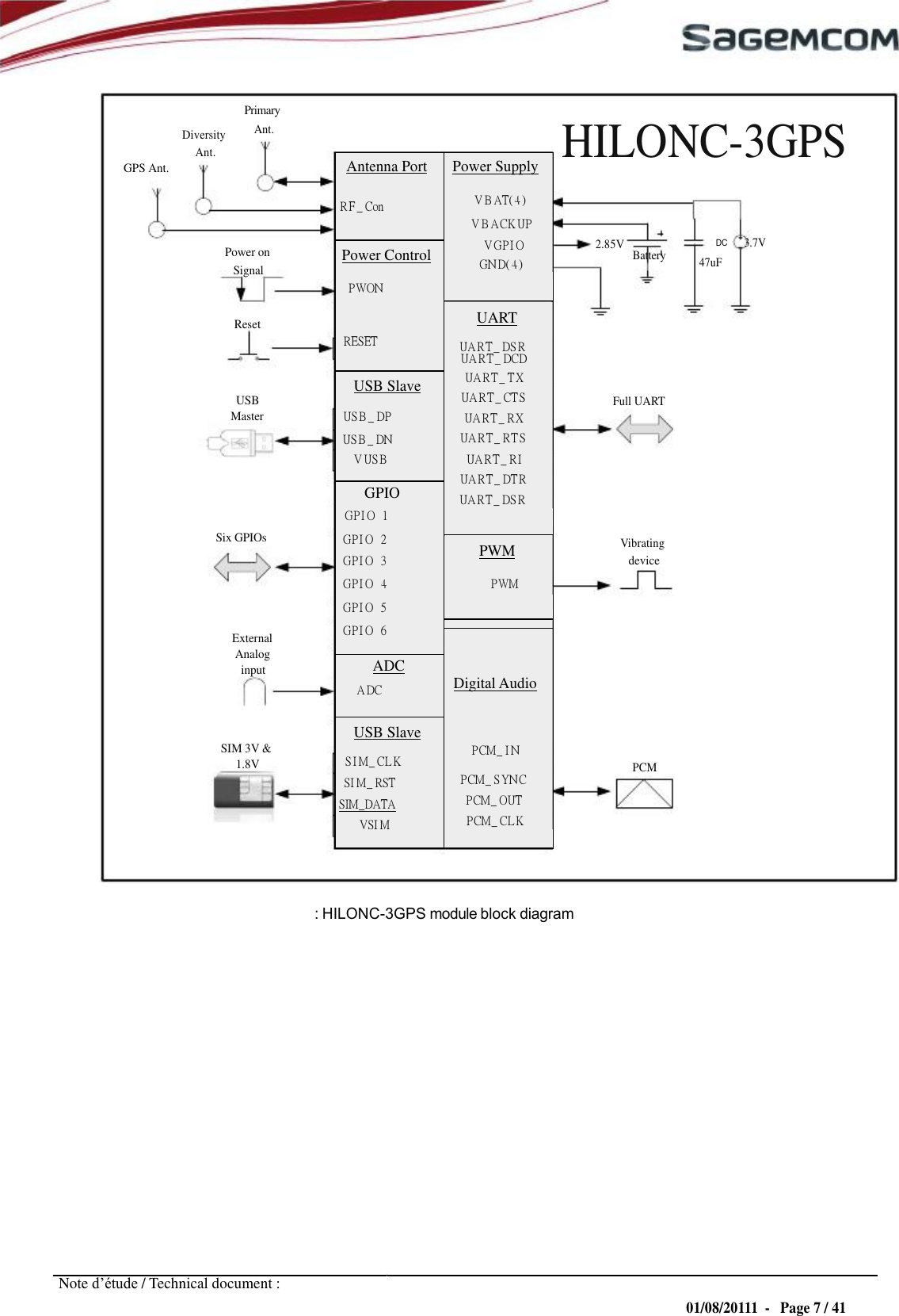  URD1– OTL 5696.1– 022 /  72740  Edition 0.4 HILONC- 3GPS APPLICATION NOTE       Primary   GPS Ant. Diversity Ant. Ant. HILONC-3GPS    Power on Signal    2.85V    Battery    DC    3.7V 47uF   Reset    USB Master      Six GPIOs    Full UART       Vibrating device    External Analog input    SIM 3V &amp; 1.8V PCM       : HILONC-3GPS module block diagram                  Note d’étude / Technical document : 01/08/20111  -   Page 7 / 41 Antenna Port R F _ Con Power Supply V B AT( 4 ) V B A CK UP V GP I O GN D( 4 ) Power Control P WON RESET UART UA R T _ DS R UA R T _ DCD UA R T _ T X UA R T _ CT S UA R T _ R X UA R T _ R T S UA R T _ R I UA R T _ DT R UA R T _ DS R USB Slave US B _ DP US B _ DN V US B GPIO GP I O   1 GP I O   2 GP I O   3 GP I O   4 GP I O   5 GP I O   6 PWM P WM  Digital Audio P CM_ I N P CM_ S YN C P CM_ OUT P CM_ CL K ADC A DC USB Slave S I M_ CL K SI M_ RST S I M _ DA T A VSI M  