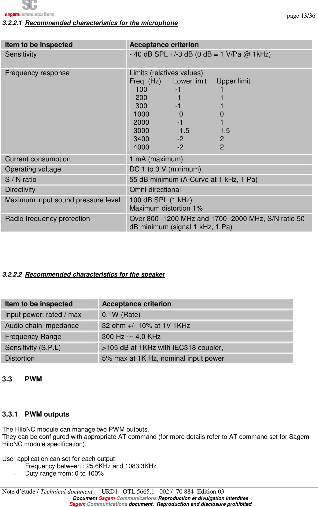   page 13/36 Note d’étude / Technical document :   URD1– OTL 5665.1– 002 /  70 884  Edition 03  Document Sagem Communications Reproduction et divulgation interdites Sagem Communications document.  Reproduction and disclosure prohibited 3.2.2.1 Recommended characteristics for the microphone  Item to be inspected   Acceptance criterion  Sensitivity   - 40 dB SPL +/-3 dB (0 dB = 1 V/Pa @ 1kHz) Frequency response   Limits (relatives values) Freq. (Hz)      Lower limit     Upper limit     100              -1                1    200              -1                1     300              -1                1   1000               0                0    2000              -1                1   3000              -1.5             1.5   3400              -2                2   4000              -2                2 Current consumption   1 mA (maximum)  Operating voltage   DC 1 to 3 V (minimum)  S / N ratio   55 dB minimum (A-Curve at 1 kHz, 1 Pa)  Directivity   Omni-directional  Maximum input sound pressure level  100 dB SPL (1 kHz) Maximum distortion 1%  Radio frequency protection   Over 800 -1200 MHz and 1700 -2000 MHz, S/N ratio 50 dB minimum (signal 1 kHz, 1 Pa)      3.2.2.2 Recommended characteristics for the speaker   Item to be inspected   Acceptance criterion  Input power: rated / max   0.1W (Rate) Audio chain impedance   32 ohm +/- 10% at 1V 1KHz Frequency Range  300 Hz ～ 4.0 KHz Sensitivity (S.P.L)  &gt;105 dB at 1KHz with IEC318 coupler,  Distortion  5% max at 1K Hz, nominal input power  3.3  PWM  3.3.1 PWM outputs The HiloNC module can manage two PWM outputs. They can be configured with appropriate AT command (for more details refer to AT command set for Sagem HiloNC module specification).  User application can set for each output: - Frequency between : 25.6KHz and 1083.3KHz - Duty range from: 0 to 100%  