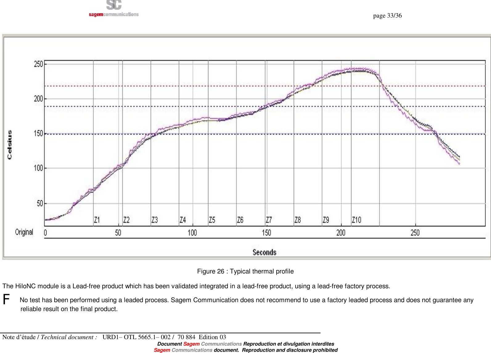   page 33/36 Note d’étude / Technical document :   URD1– OTL 5665.1– 002 /  70 884  Edition 03  Document Sagem Communications Reproduction et divulgation interdites Sagem Communications document.  Reproduction and disclosure prohibited     Figure 26 : Typical thermal profile  The HiloNC module is a Lead-free product which has been validated integrated in a lead-free product, using a lead-free factory process.  F No test has been performed using a leaded process. Sagem Communication does not recommend to use a factory leaded process and does not guarantee any reliable result on the final product.  