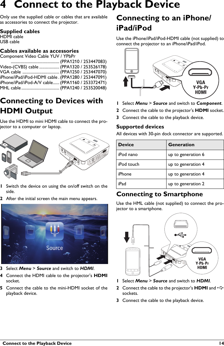   Connect to the Playback Device  144 Connect to the Playback DeviceOnly use the supplied cable or cables that are available as accessories to connect the projector.Supplied cablesHDMI cableUSB cableCables available as accessoriesComponent Video Cable YUV / YPbPr.............................................. (PPA1210 / 253447083)Video-(CVBS) cable ................... (PPA1320 / 253526178)VGA cable ................................... (PPA1250 / 253447070)iPhone/iPad/iPod-HDMI cable . (PPA1280 / 253447091)iPhone/iPad/iPod-A/V cable...... (PPA1160 / 253372471)MHL cable .................................... (PPA1240 / 253520048)Connecting to Devices with HDMI OutputUse the HDMI to mini HDMI cable to connect the pro-jector to a computer or laptop.VGAY-Pb-PrHDMI1Switch the device on using the on/off switch on the side.2After the initial screen the main menu appears.3Select Menu &gt; Source and switch to HDMI.4Connect the HDMI cable to the projector&apos;s HDMIsocket.5Connect the cable to the mini-HDMI socket of the playback device.Connecting to an iPhone/iPad/iPodUse the iPhone/iPad/iPod-HDMI cable (not supplied) to connect the projector to an iPhone/iPad/iPod.VGAY-Pb-PrHDMI1Select Menu &gt; Source and switch to Component.2Connect the cable to the projector&apos;s HDMI socket.3Connect the cable to the playback device.Supported devicesAll devices with 30-pin dock connector are supported.Device GenerationiPod nano up to generation 6iPod touch up to generation 4iPhone up to generation 4iPad up to generation 2Connecting to SmartphoneUse the HML cable (not supplied) to connect the pro-jector to a smartphone.VGAY-Pb-PrHDMI1Select Menu &gt; Source and switch to HDMI.2Connect the cable to the projector&apos;s HDMI and sockets.3Connect the cable to the playback device.