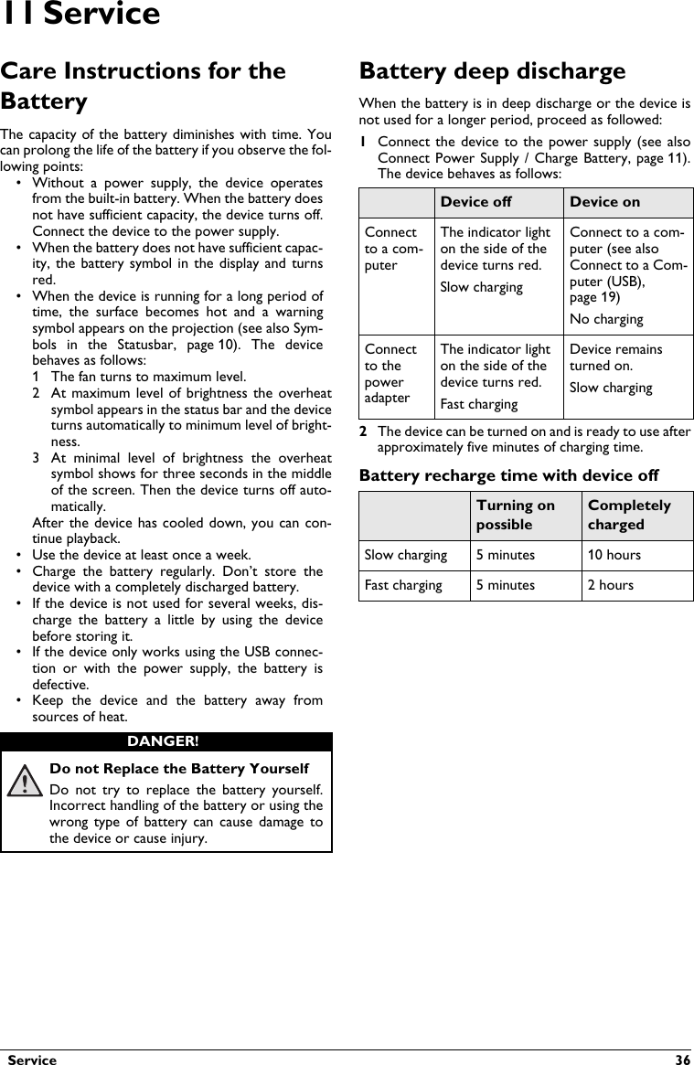   Service  3611 ServiceCare Instructions for the BatteryThe capacity of the battery diminishes with time. You can prolong the life of the battery if you observe the fol-lowing points:• Without  a  power  supply,  the  device  operates from the built-in battery. When the battery does not have sufficient capacity, the device turns off.Connect the device to the power supply.• When the battery does not have sufficient capac-ity, the battery symbol  in  the  display and turns red.• When the device is running for a long period of time,  the  surface  becomes  hot  and  a  warningsymbol appears on the projection (see also Sym-bols  in  the  Statusbar,  page 10).  The device behaves as follows:1 The fan turns to maximum level.2 At maximum level of  brightness  the  overheatsymbol appears in the status bar and the device turns automatically to minimum level of bright-ness.3 At  minimal  level  of  brightness  the  overheatsymbol shows for three seconds in the middle of the screen. Then the device turns off auto-matically.After the device has cooled  down, you  can con-tinue playback.• Use the device at least once a week.• Charge  the  battery  regularly.  Don’t  store  the device with a completely discharged battery.• If the device is not used for several weeks, dis-charge  the  battery  a  little  by  using  the  device before storing it.• If the device only works using the USB connec-tion  or with  the  power  supply,  the  battery  is defective.• Keep  the  device  and  the  battery  away  fromsources of heat.Do not Replace the Battery YourselfDo not  try  to replace  the  battery  yourself. Incorrect handling of the battery or using the wrong  type  of  battery  can  cause  damage  tothe device or cause injury.Battery deep dischargeWhen the battery is in deep discharge or the device isnot used for a longer period, proceed as followed:1Connect the device  to  the  power  supply  (see  also Connect Power Supply  / Charge Battery, page 11). The device behaves as follows:Device off Device onConnect to a com-puterThe indicator light on the side of the device turns red.Slow chargingConnect to a com-puter (see also Connect to a Com-puter (USB), page 19)No chargingConnect to thepower adapterThe indicator light on the side of the device turns red.Fast chargingDevice remains turned on.Slow charging2The device can be turned on and is ready to use after approximately five minutes of charging time.Battery recharge time with device offTurning onpossibleCompletely chargedSlow charging 5 minutes 10 hoursFast charging 5 minutes 2 hoursDANGER!