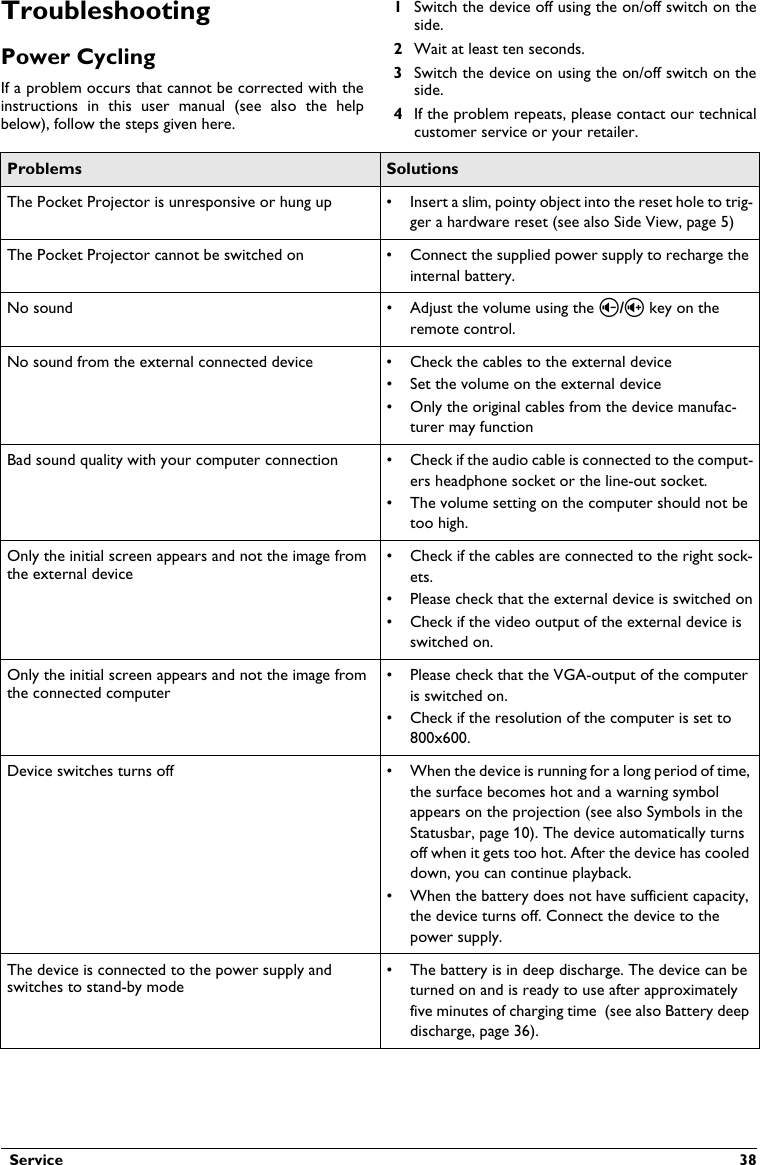   Service  38TroubleshootingPower CyclingIf a problem occurs that cannot be corrected with the instructions  in  this  user  manual  (see  also  the  help below), follow the steps given here.1Switch the device off using the on/off switch on theside.2Wait at least ten seconds.3Switch the device on using the on/off switch on theside.4If the problem repeats, please contact our technical customer service or your retailer.Problems SolutionsThe Pocket Projector is unresponsive or hung up • Insert a slim, pointy object into the reset hole to trig-ger a hardware reset (see also Side View, page 5)The Pocket Projector cannot be switched on • Connect the supplied power supply to recharge theinternal battery.No sound • Adjust the volume using the ¬/ key on theremote control.No sound from the external connected device • Check the cables to the external device• Set the volume on the external device• Only the original cables from the device manufac-turer may functionBad sound quality with your computer connection • Check if the audio cable is connected to the comput-ers headphone socket or the line-out socket.• The volume setting on the computer should not betoo high.Only the initial screen appears and not the image fromthe external device• Check if the cables are connected to the right sock-ets.• Please check that the external device is switched on• Check if the video output of the external device is switched on.Only the initial screen appears and not the image fromthe connected computer• Please check that the VGA-output of the computer is switched on.• Check if the resolution of the computer is set to 800x600.Device switches turns off • When the device is running for a long period of time, the surface becomes hot and a warning symbol appears on the projection (see also Symbols in the Statusbar, page 10). The device automatically turns off when it gets too hot. After the device has cooleddown, you can continue playback.• When the battery does not have sufficient capacity, the device turns off. Connect the device to thepower supply.The device is connected to the power supply andswitches to stand-by mode• The battery is in deep discharge. The device can be turned on and is ready to use after approximately five minutes of charging time  (see also Battery deepdischarge, page 36).