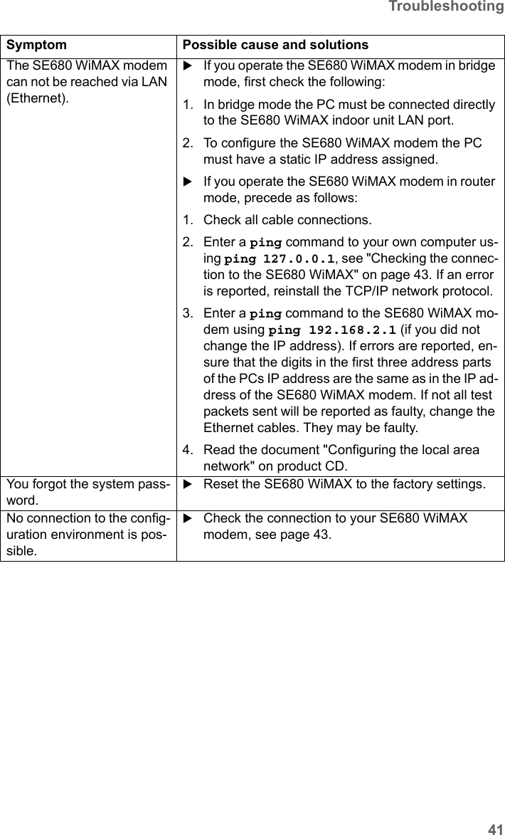 41TroubleshootingSE680 WiMAX / engbt / SE680_FUG_EN-7 / Appendix.fm / 13.5.11Schablone 2011_04_07The SE680 WiMAX modem can not be reached via LAN (Ethernet).If you operate the SE680 WiMAX modem in bridge mode, first check the following:1. In bridge mode the PC must be connected directly to the SE680 WiMAX indoor unit LAN port.2. To configure the SE680 WiMAX modem the PC must have a static IP address assigned.If you operate the SE680 WiMAX modem in router mode, precede as follows:1. Check all cable connections.2. Enter a ping command to your own computer us-ing ping 127.0.0.1, see &quot;Checking the connec-tion to the SE680 WiMAX&quot; on page 43. If an error is reported, reinstall the TCP/IP network protocol.3. Enter a ping command to the SE680 WiMAX mo-dem using ping 192.168.2.1 (if you did not change the IP address). If errors are reported, en-sure that the digits in the first three address parts of the PCs IP address are the same as in the IP ad-dress of the SE680 WiMAX modem. If not all test packets sent will be reported as faulty, change the Ethernet cables. They may be faulty.4. Read the document &quot;Configuring the local area network&quot; on product CD.You forgot the system pass-word.Reset the SE680 WiMAX to the factory settings.No connection to the config-uration environment is pos-sible.Check the connection to your SE680 WiMAX modem, see page 43.Symptom Possible cause and solutions