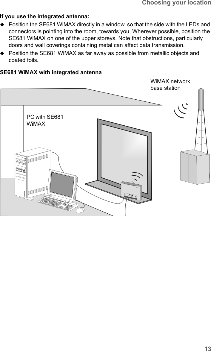 13Choosing your locationSE681 WiMAX / engbt / SE681_FUG_EN_9 / Installation.fm / 18.5.11Schablone 2011_04_07If you use the integrated antenna:Position the SE681 WiMAX directly in a window, so that the side with the LEDs and connectors is pointing into the room, towards you. Wherever possible, position the SE681 WiMAX on one of the upper storeys. Note that obstructions, particularly doors and wall coverings containing metal can affect data transmission.Position the SE681 WiMAX as far away as possible from metallic objects and coated foils. SE681 WiMAX with integrated antennaPC with SE681 WiMAXWiMAX network base station