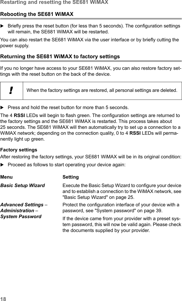 18Restarting and resetting the SE681 WiMAXSE681 WiMAX / engbt / SE681_FUG_EN_9 / Installation.fm / 18.5.11Schablone 2011_04_07Rebooting the SE681 WiMAXBriefly press the reset button (for less than 5 seconds). The configuration settings will remain, the SE681 WiMAX will be restarted.You can also restart the SE681 WiMAX via the user interface or by briefly cutting the power supply.Returning the SE681 WiMAX to factory settingsIf you no longer have access to your SE681 WiMAX, you can also restore factory set-tings with the reset button on the back of the device. Press and hold the reset button for more than 5 seconds. The 4 RSSI LEDs will begin to flash green. The configuration settings are returned to the factory settings and the SE681 WiMAX is restarted. This process takes about 25 seconds. The SE681 WiMAX will then automatically try to set up a connection to a WiMAX network; depending on the connection quality, 0 to 4 RSSI LEDs will perma-nently light up green. Factory settingsAfter restoring the factory settings, your SE681 WiMAX will be in its original condition:Proceed as follows to start operating your device again:!When the factory settings are restored, all personal settings are deleted. Menu SettingBasic Setup Wizard  Execute the Basic Setup Wizard to configure your device and to establish a connection to the WiMAX network, see &quot;Basic Setup Wizard&quot; on page 25.Advanced Settings – Administration – System PasswordProtect the configuration interface of your device with a password, see &quot;System password&quot; on page 39.If the device came from your provider with a preset sys-tem password, this will now be valid again. Please check the documents supplied by your provider.