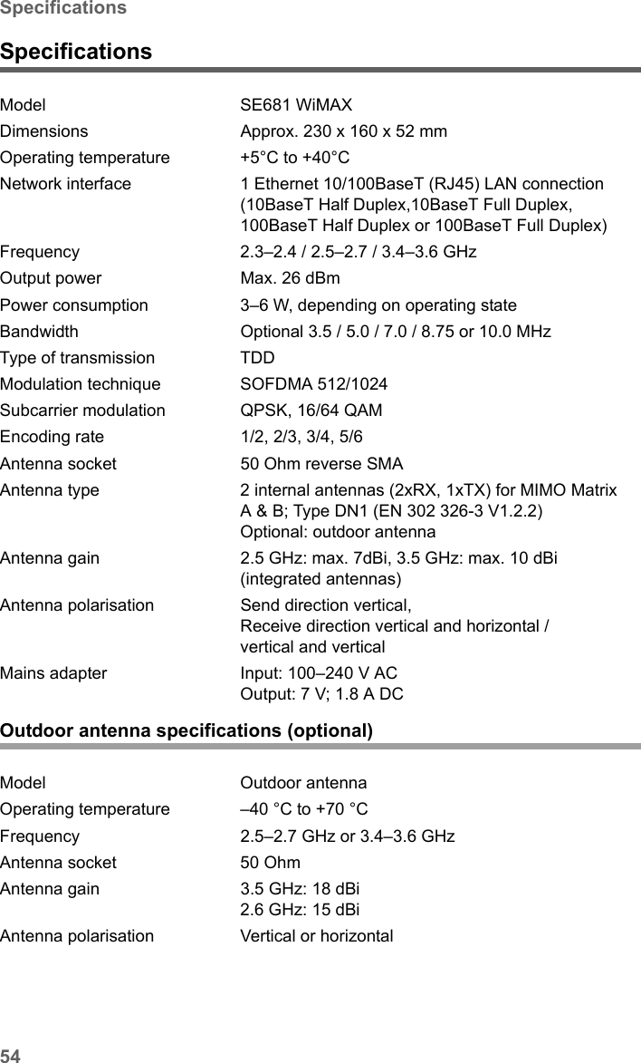 54SpecificationsSE681 WiMAX / engbt / SE681_FUG_EN_9 / Appendix.fm / 18.5.11Schablone 2011_04_07SpecificationsOutdoor antenna specifications (optional)Model SE681 WiMAX Dimensions Approx. 230 x 160 x 52 mm Operating temperature +5°C to +40°C Network interface 1 Ethernet 10/100BaseT (RJ45) LAN connection (10BaseT Half Duplex,10BaseT Full Duplex, 100BaseT Half Duplex or 100BaseT Full Duplex) Frequency 2.3–2.4 / 2.5–2.7 / 3.4–3.6 GHz Output power  Max. 26 dBm Power consumption  3–6 W, depending on operating stateBandwidth Optional 3.5 / 5.0 / 7.0 / 8.75 or 10.0 MHzType of transmission TDDModulation technique SOFDMA 512/1024Subcarrier modulation QPSK, 16/64 QAMEncoding rate 1/2, 2/3, 3/4, 5/6Antenna socket 50 Ohm reverse SMAAntenna type 2 internal antennas (2xRX, 1xTX) for MIMO Matrix A &amp; B; Type DN1 (EN 302 326-3 V1.2.2)Optional: outdoor antenna Antenna gain 2.5 GHz: max. 7dBi, 3.5 GHz: max. 10 dBi (integrated antennas) Antenna polarisation Send direction vertical, Receive direction vertical and horizontal / vertical and verticalMains adapter Input: 100–240 V ACOutput: 7 V; 1.8 A DCModel Outdoor antennaOperating temperature –40 °C to +70 °C Frequency 2.5–2.7 GHz or 3.4–3.6 GHzAntenna socket 50 Ohm Antenna gain 3.5 GHz: 18 dBi2.6 GHz: 15 dBiAntenna polarisation Vertical or horizontal