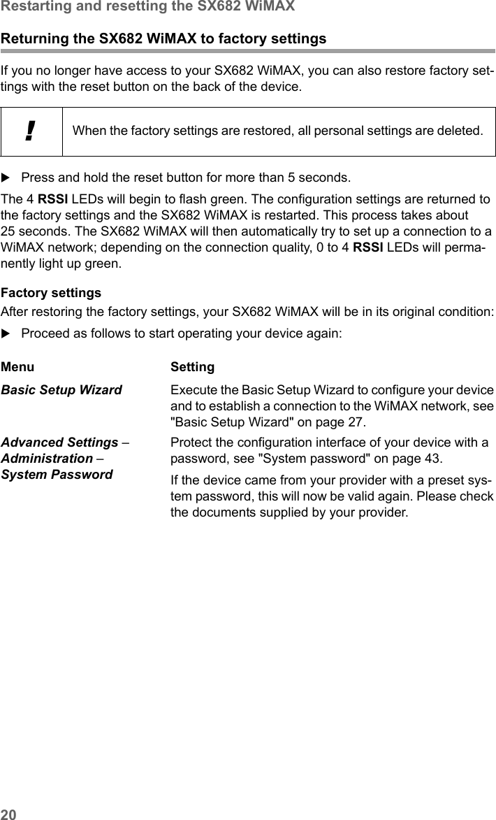 20Restarting and resetting the SX682 WiMAXSX682 WiMAX / engbt / SX682_FUG_EN_9 / Installation.fm / 17.5.11Schablone 2011_04_07Returning the SX682 WiMAX to factory settingsIf you no longer have access to your SX682 WiMAX, you can also restore factory set-tings with the reset button on the back of the device. Press and hold the reset button for more than 5 seconds. The 4 RSSI LEDs will begin to flash green. The configuration settings are returned to the factory settings and the SX682 WiMAX is restarted. This process takes about 25 seconds. The SX682 WiMAX will then automatically try to set up a connection to a WiMAX network; depending on the connection quality, 0 to 4 RSSI LEDs will perma-nently light up green. Factory settingsAfter restoring the factory settings, your SX682 WiMAX will be in its original condition:Proceed as follows to start operating your device again:!When the factory settings are restored, all personal settings are deleted. Menu SettingBasic Setup Wizard  Execute the Basic Setup Wizard to configure your device and to establish a connection to the WiMAX network, see &quot;Basic Setup Wizard&quot; on page 27.Advanced Settings – Administration – System PasswordProtect the configuration interface of your device with a password, see &quot;System password&quot; on page 43.If the device came from your provider with a preset sys-tem password, this will now be valid again. Please check the documents supplied by your provider.