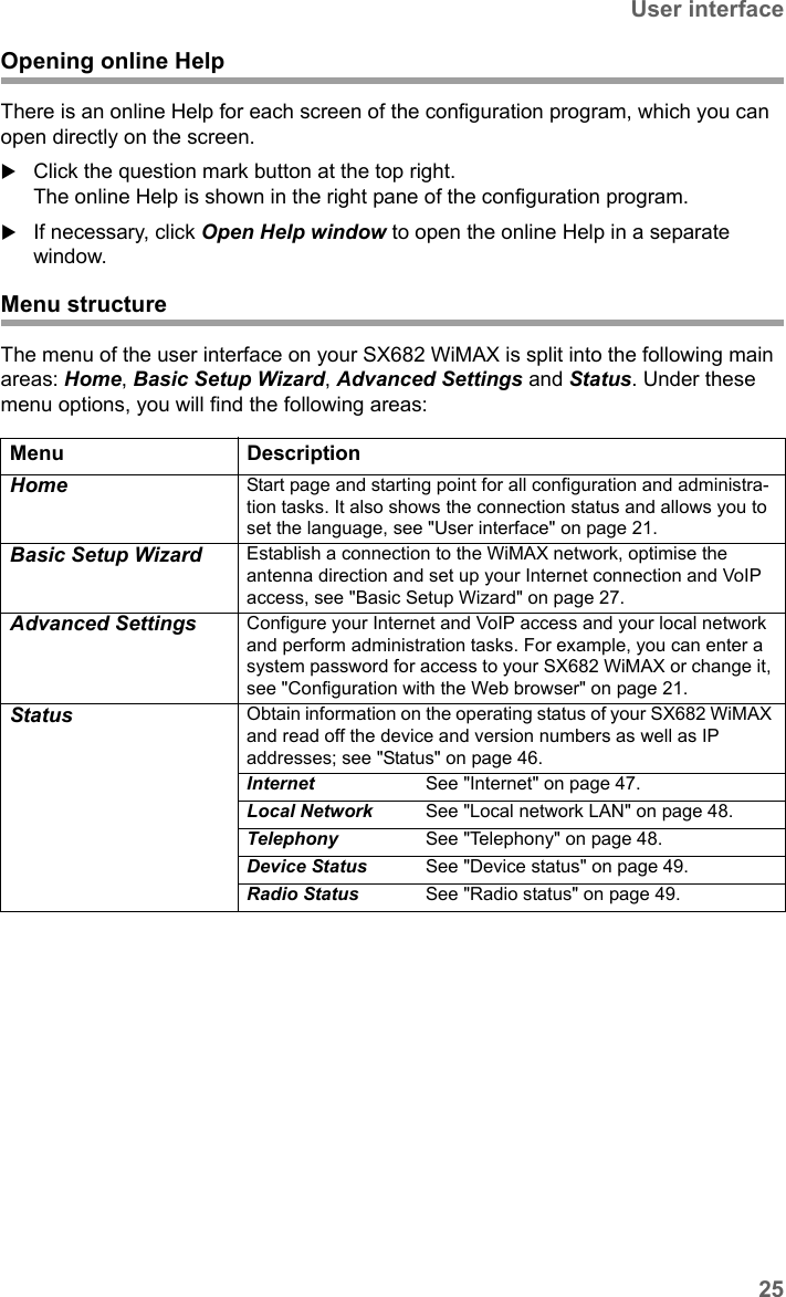 25User interfaceSX682 WiMAX / engbt / SX682_FUG_EN_9 / Basic_configuration.fm / 17.5.11Schablone 2011_04_07Opening online HelpThere is an online Help for each screen of the configuration program, which you can open directly on the screen.Click the question mark button at the top right.The online Help is shown in the right pane of the configuration program.If necessary, click Open Help window to open the online Help in a separate window.Menu structure The menu of the user interface on your SX682 WiMAX is split into the following main areas: Home, Basic Setup Wizard, Advanced Settings and Status. Under these menu options, you will find the following areas:Menu DescriptionHome Start page and starting point for all configuration and administra-tion tasks. It also shows the connection status and allows you to set the language, see &quot;User interface&quot; on page 21.Basic Setup Wizard Establish a connection to the WiMAX network, optimise the antenna direction and set up your Internet connection and VoIP access, see &quot;Basic Setup Wizard&quot; on page 27.Advanced Settings Configure your Internet and VoIP access and your local network and perform administration tasks. For example, you can enter a system password for access to your SX682 WiMAX or change it, see &quot;Configuration with the Web browser&quot; on page 21.Status Obtain information on the operating status of your SX682 WiMAX and read off the device and version numbers as well as IP addresses; see &quot;Status&quot; on page 46.Internet  See &quot;Internet&quot; on page 47.Local Network  See &quot;Local network LAN&quot; on page 48.Telephony  See &quot;Telephony&quot; on page 48.Device Status  See &quot;Device status&quot; on page 49. Radio Status  See &quot;Radio status&quot; on page 49.