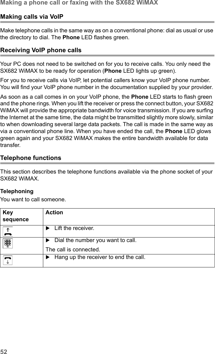 52Making a phone call or faxing with the SX682 WiMAXSX682 WiMAX / engbt / SX682_FUG_EN_9 / Operation.fm / 17.5.11Schablone 2011_04_07Making calls via VoIPMake telephone calls in the same way as on a conventional phone: dial as usual or use the directory to dial. The Phone LED flashes green.Receiving VoIP phone callsYour PC does not need to be switched on for you to receive calls. You only need the SX682 WiMAX to be ready for operation (Phone LED lights up green).For you to receive calls via VoIP, let potential callers know your VoIP phone number. You will find your VoIP phone number in the documentation supplied by your provider. As soon as a call comes in on your VoIP phone, the Phone LED starts to flash green and the phone rings. When you lift the receiver or press the connect button, your SX682 WiMAX will provide the appropriate bandwidth for voice transmission. If you are surfing the Internet at the same time, the data might be transmitted slightly more slowly, similar to when downloading several large data packets. The call is made in the same way as via a conventional phone line. When you have ended the call, the Phone LED glows green again and your SX682 WiMAX makes the entire bandwidth available for data transfer.Telephone functionsThis section describes the telephone functions available via the phone socket of your SX682 WiMAX.TelephoningYou want to call someone.Key sequenceActionLift the receiver.Dial the number you want to call. The call is connected.Hang up the receiver to end the call.