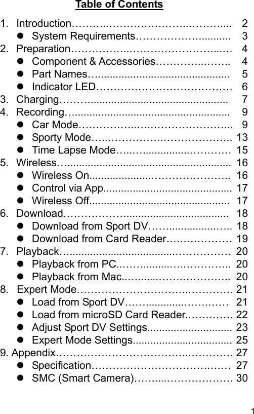  1 ENTable of Contents  1.  Introduction………..…………………..……….... 2   System Requirements………………........... 32.  Preparation……………..……………………...… 4   Component &amp; Accessories…………..…….. 4   Part Names…............................................. 5   Indicator LED………………………………… 63.  Charging………............................................... 74.  Recording…..................................................... 9   Car Mode……………..….…………………... 9   Sporty Mode…..…………….……………….. 13   Time Lapse Mode…..…................………… 155.  Wireless…........................................................ 16   Wireless On.....................………………….. 16   Control via App............................................ 17   Wireless Off................................................ 176.  Download………………................................... 18   Download from Sport DV……................….. 18   Download from Card Reader….…………… 197.  Playback…....................................……………. 20   Playback from PC..…….........….………….. 20   Playback from Mac..….......…….………….. 208.  Expert Mode…………………………..…………. 21   Load from Sport DV…….............…….…… 21   Load from microSD Card Reader.…………. 22   Adjust Sport DV Settings............................. 23   Expert Mode Settings.................................. 259. Appendix………………………………..…………. 27   Specification…………………………….…… 27   SMC (Smart Camera)……....………………. 30