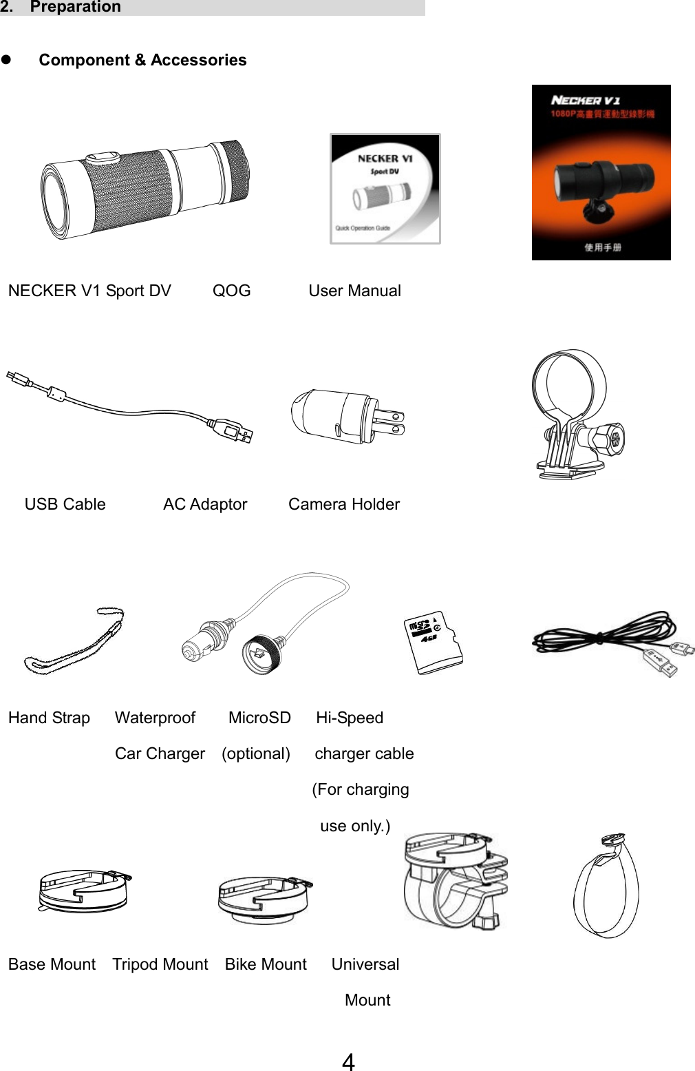 4 2.  Preparation                                      z Component &amp; Accessories                                            NECKER V1 Sport DV     QOG       User Manual                                              USB Cable       AC Adaptor     Camera Holder       Hand Strap   Waterproof    MicroSD   Hi-Speed                Car Charger  (optional)   charger cable                                             (For charging                                             use only.)     Base Mount  Tripod Mount  Bike Mount   Universal                                           Mount 