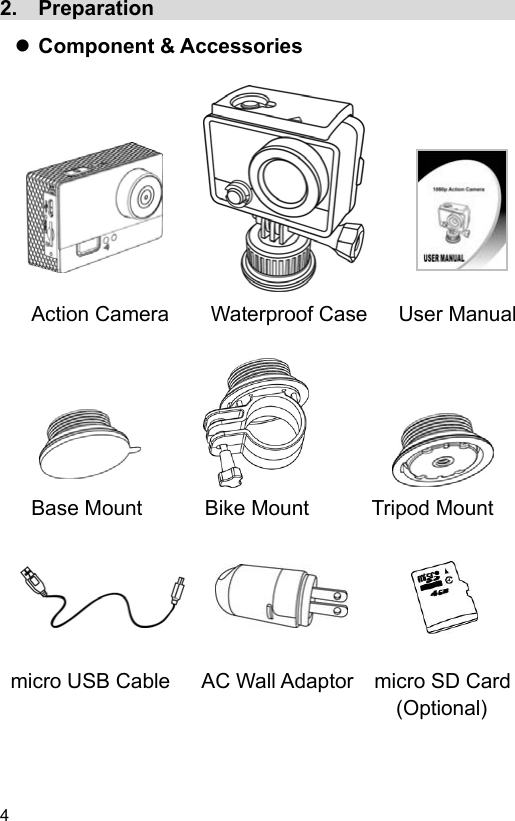  4 EN  2.  Preparation                                       Component &amp; Accessories               Action Camera    Waterproof Case   User Manual            Base Mount      Bike Mount      Tripod Mount         micro USB Cable   AC Wall Adaptor  micro SD Card                                       (Optional)  